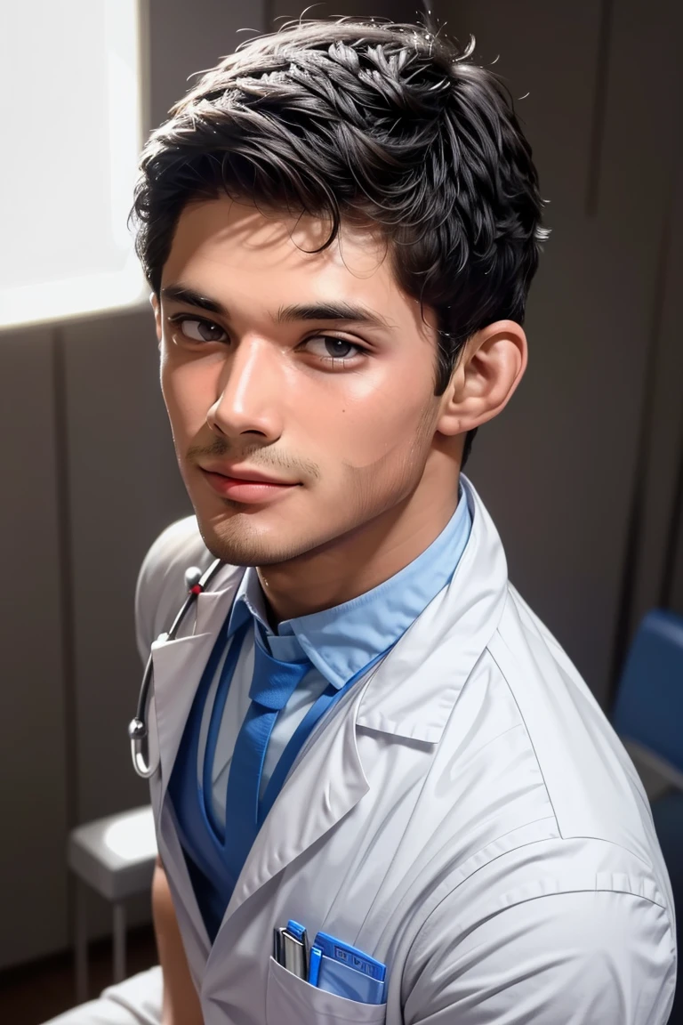 (masterpiece, best quality:1.2), man, facial hair, solo, 1boy, smirk, (depth of field:1.1), , photo of man, doctor, at the hospital, labcot, dress shirt, white shorts, masterpiece, view from above, highness, perfect face, perfect picture, detailed eyes, sharp focus,High detailed view,<lora:EMS-289592-EMS:1.000000>