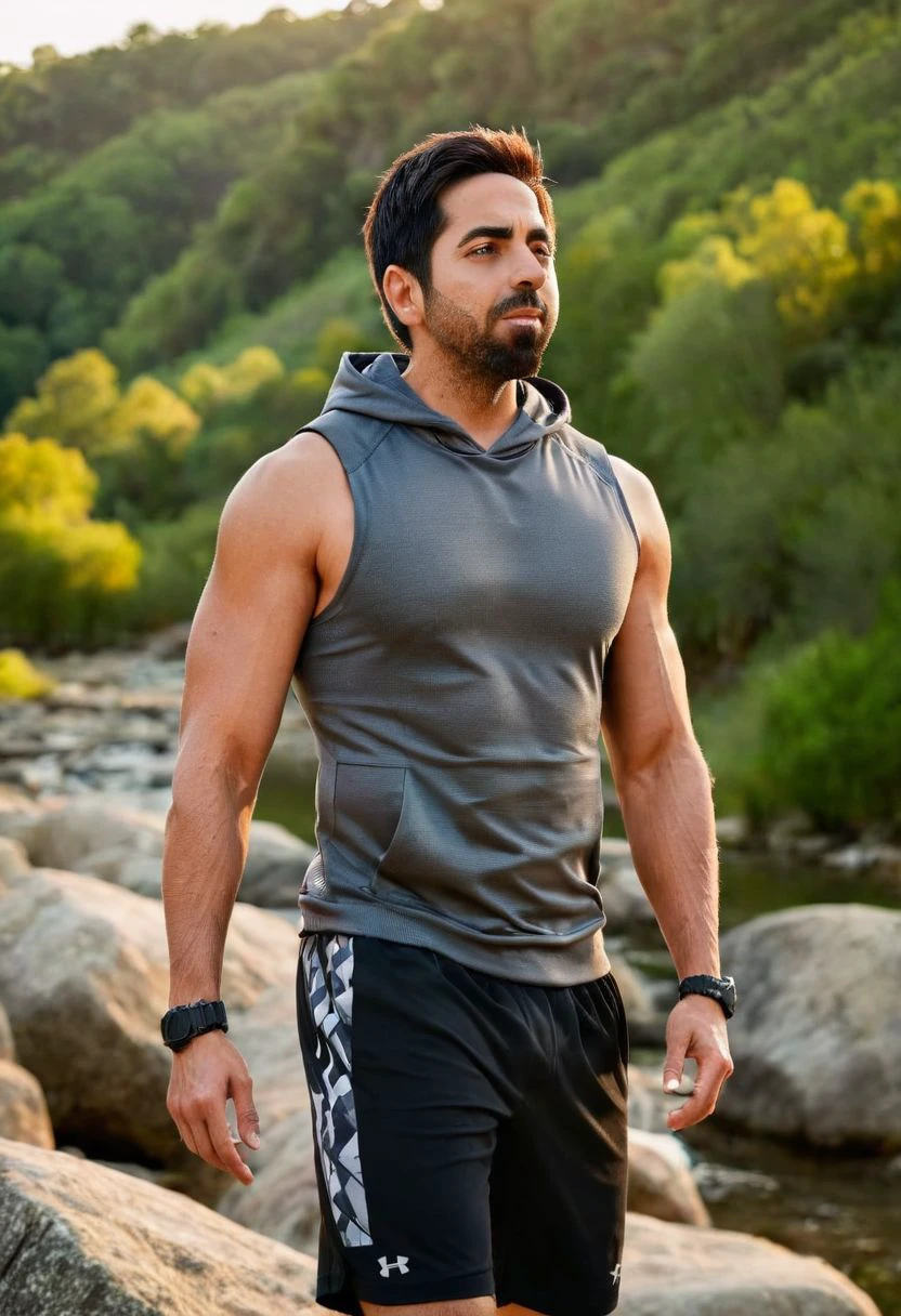 photo of Joe Mantegna a man <lora:ayushman-Joe-Mantegna:1>, wearing a sleeveless well-fitted under armour hoodie and compression shorts, standing on a boulder, outdoor trail, 35mm photograph, film, bokeh, professional, 4k, highly detailed, creek in the background, natural lighting, golden hour