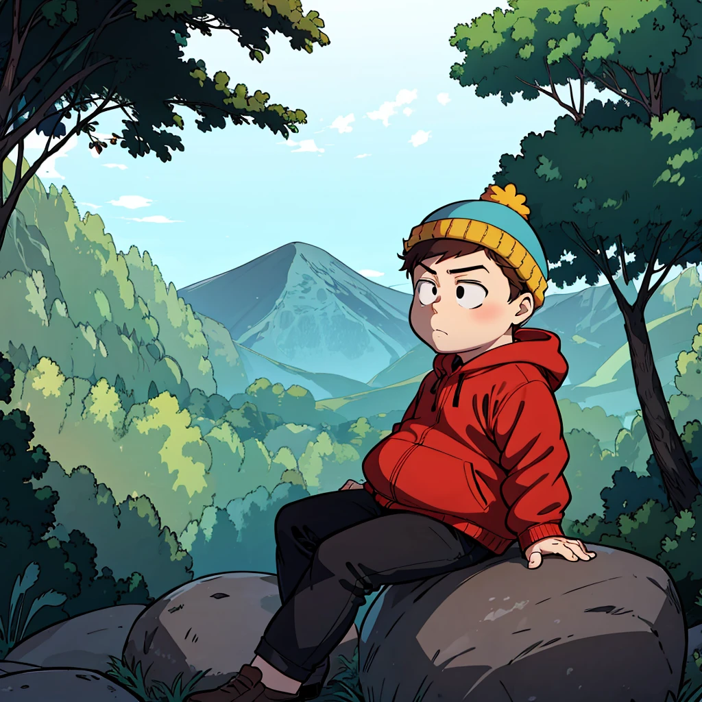 1boy, solo,   Eric Cartman,  short hair,  brown hair, 1boy, hat,  black eyes, blue beanie, fat, child, red hoodie, closed jacket,   <lora:Eric_Cartman_Leaf2-any:0.8>, cowboy shot, sitting, sitting_on_rock, forest,