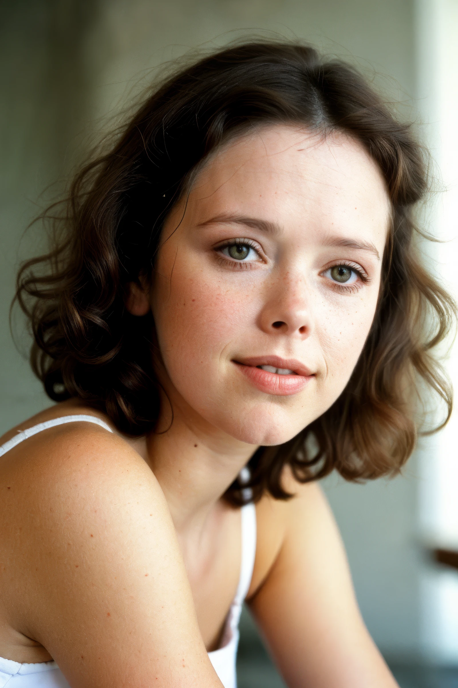 closeup headshot of (CTI_sylv1akrist3l:0.95), ((soft-focus)), (dreamy:1.4), striped mock-neck top with a leather mini skirt, smile, happy, (short curly dark hair, brunette), soft pale white skin, black-eyeshadow, (beautiful natural soft light), shallow depth of field, vignette, epic, gorgeous, film grain