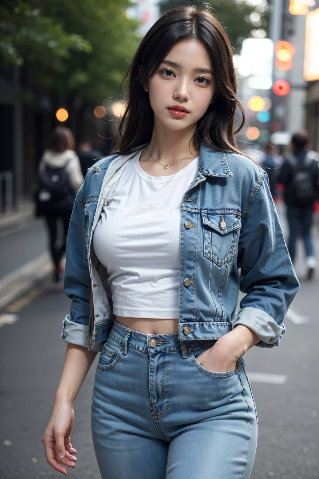 (RAW, best quality, masterpiece:1.2), (realistic, photo realistic:1.2), ultra detailed, highres, UHD, extremely detailed CG unity 8k wallpaper, sharp focus, absurdres, (real skin texture, detailed skin), (cinematic lighting), (best shadows), (perfect anatomy:1.4), (detailed backgrounds), (glowing eyes, glossy lips),
BREAK
Vivid picture, 1girl, ((cute, a beautiful beautiful girl)), (sparkling eyes:1.3), (looking_at_viewer), (medium breasts), Oversized denim jacket, white t-shirt, light wash skinny jeans, chunky sneakers, (Slander), slim waist, dynamic angle, dynamic pose