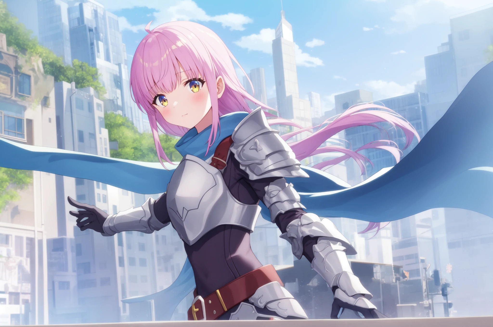 kazairokotone, 1girl, armor, rider belt, solo, city, blue armor, looking at viewer, upper body, shoulder armor, outdoors, building, gloves