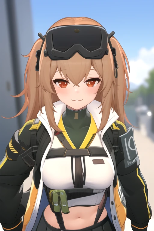 :3, 1girl, solo, masterpiece, smile, closed mouth, portrait, upper body, blurry background, outdoors, <lora:lennav1:0.9>, ump9 \(girls' frontline\), black gloves, white shirt, goggles on head, black jacket, pleated skirt