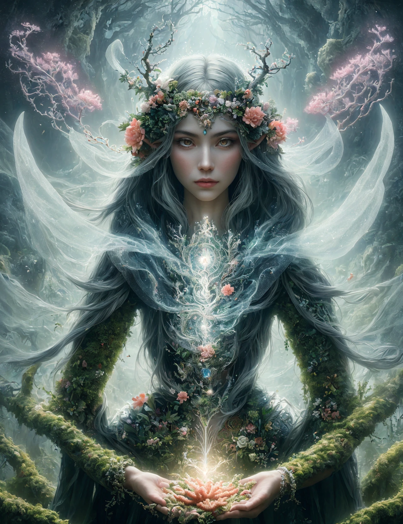 masterpiece, awesome quality, hyper detailed, DonM3lv3nM4g1c swirling ornamented elven magic, female warrior Enchanting with ritual shaped like Dimension of coral ethereal air and plant growth manipulation, <lora:DonM3lv3nM4g1c-000005:0.6>