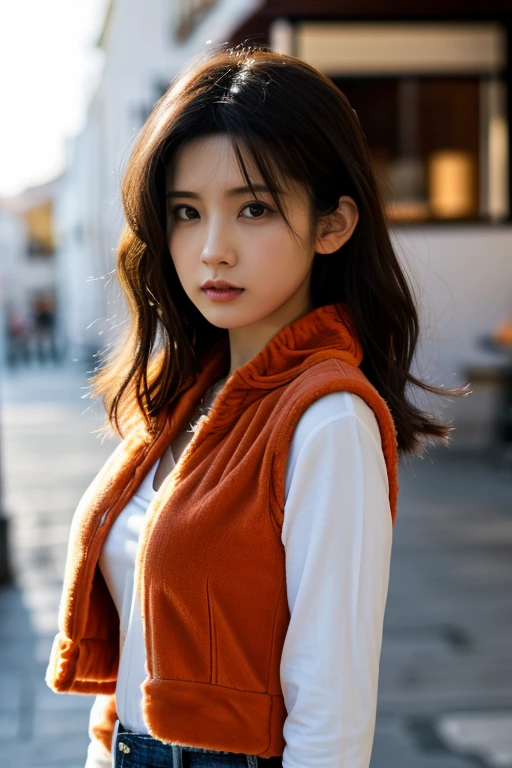 HWGIRL,masterpiece,ultra realistic,32k,extremely detailed CG unity 8k wallpaper, best quality,(summer day ),lady ,necklace ,eardrop, Santorini, Greece, ( DayGlo orange Layer a faux fur vest over a long-sleeved shirt with skinny jeans ) , Caramel hair short hair ,,<lora:Hwgirl_V016:0.9>,
