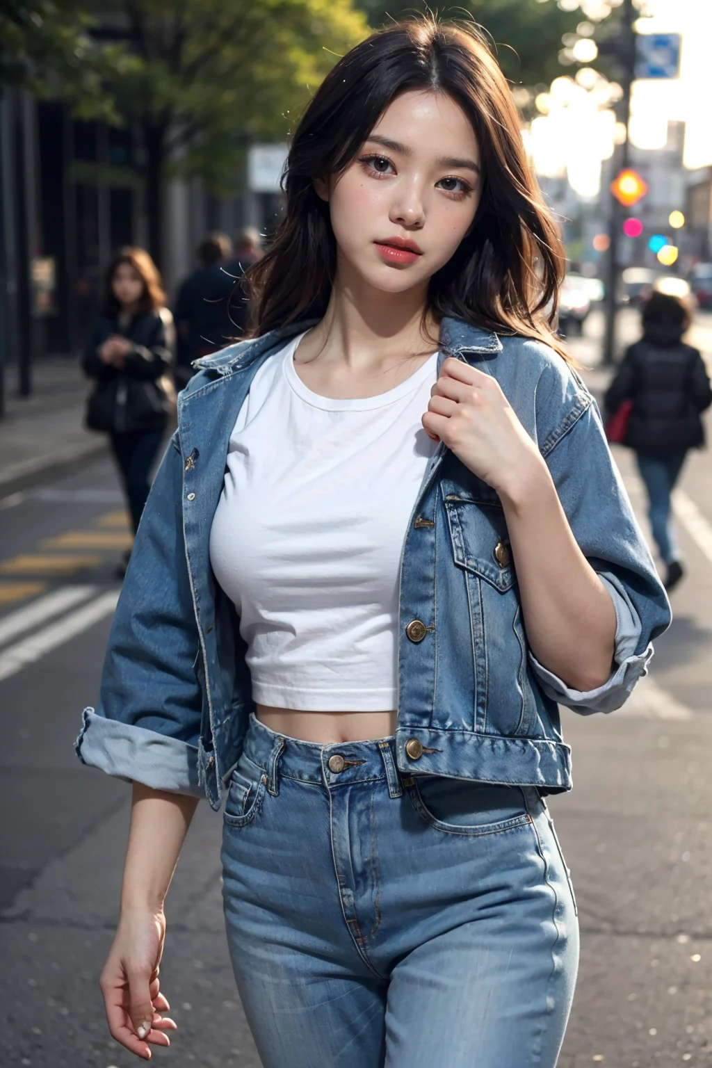 (RAW, best quality, masterpiece:1.2), (realistic, photo realistic:1.2), ultra detailed, highres, UHD, extremely detailed CG unity 8k wallpaper, sharp focus, absurdres, (real skin texture, detailed skin), (cinematic lighting), (best shadows), (perfect anatomy:1.4), (detailed backgrounds), (glowing eyes, glossy lips),
BREAK
Vivid picture, 1girl, ((cute, a beautiful beautiful girl)), (sparkling eyes:1.3), (looking_at_viewer), (medium breasts), Oversized denim jacket, white t-shirt, light wash skinny jeans, chunky sneakers, (Slander), slim waist, dynamic angle, dynamic pose