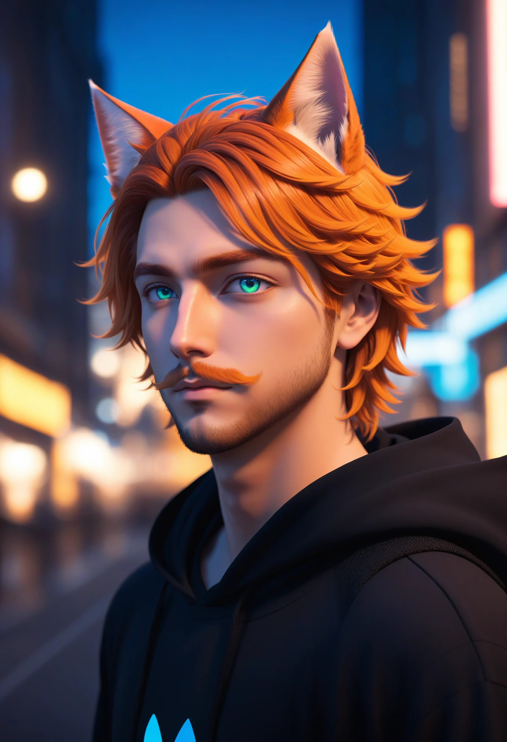 solo, blue eyes, 1boy, animal ears, green eyes, male focus, cat ears, hood, orange hair, facial hair, heterochromia, beard, mustache, cityscape, , LuT_BR_Neon , full body, best illustration, cinematic angle, cinematic lighting, masterpiece, official art  Lut_BluPink