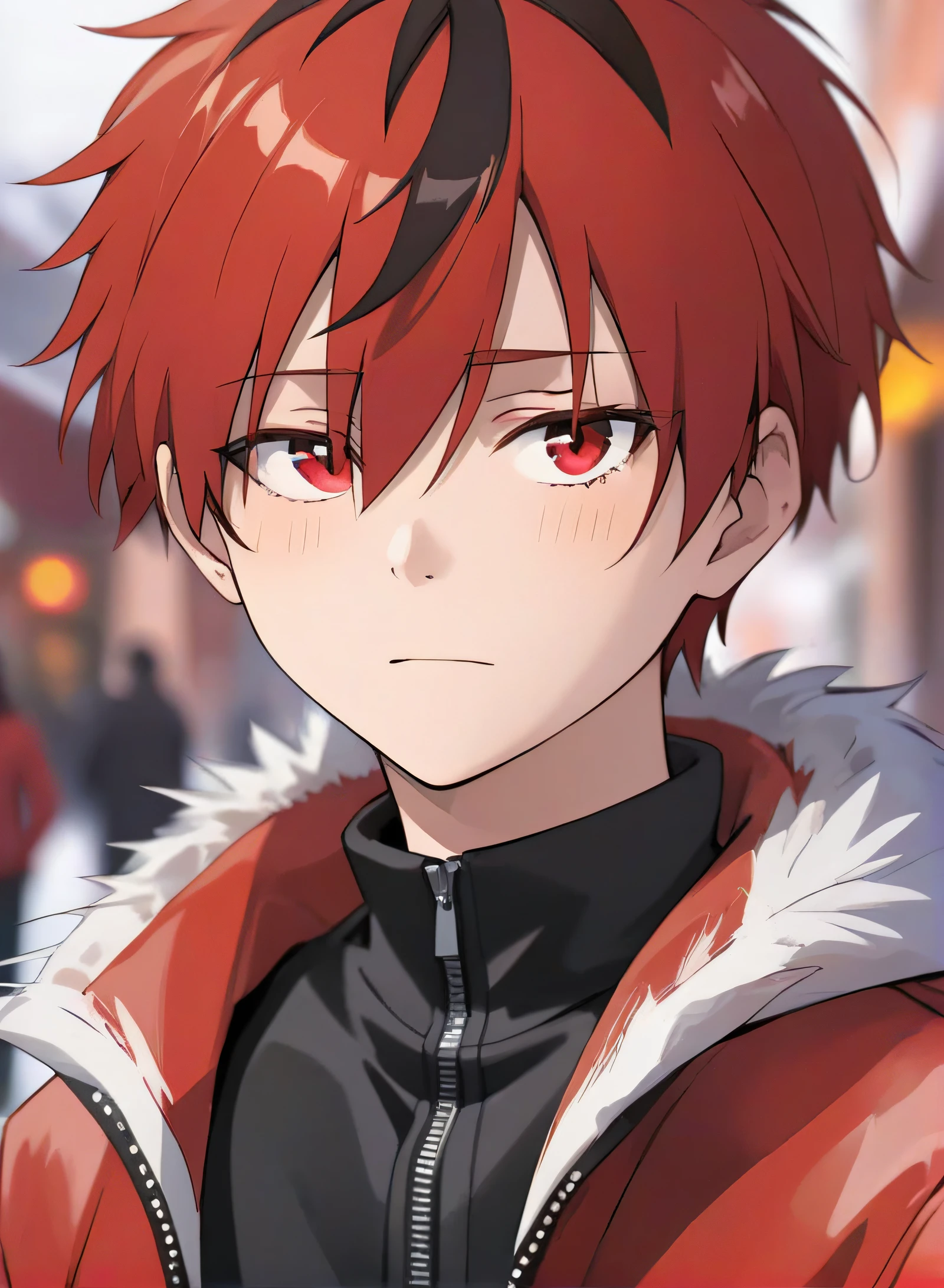 solo,short hair,bangs,black hair,red eyes,1boy,hair between eyes,closed mouth,jacket,upper body,male focus,red hair,multicolored hair,blurry,two-tone hair,fur trim,blurry background,red jacket <lora:Stark:0.6>