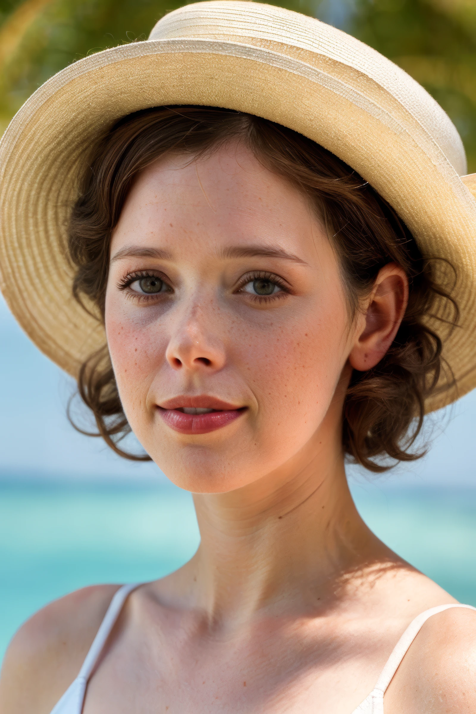 closeup headshot of (CTI_sylv1akrist3l:0.95), ((soft-focus, dreamy, soft color palette)), ribbed knit midi dress with a wide-brimmed hat, smile, happy, (short curly dark hair, brunette), soft pale white skin, red-lips, black-eyeshadow, shallow depth of field, vignette, epic, gorgeous, film grain