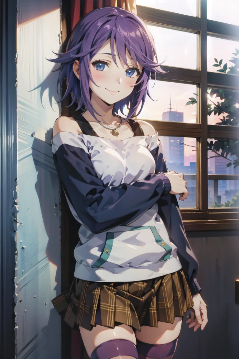 Mizore Shirayuki, 1girl, short hair, solo, purple hair, blue eyes, long sleeves, thighhighs, striped thighhighs, skirt, jewerly, necklace, shirt, looking at viewer, smile, off shoulder, <lora:MizoreX13:0.85>