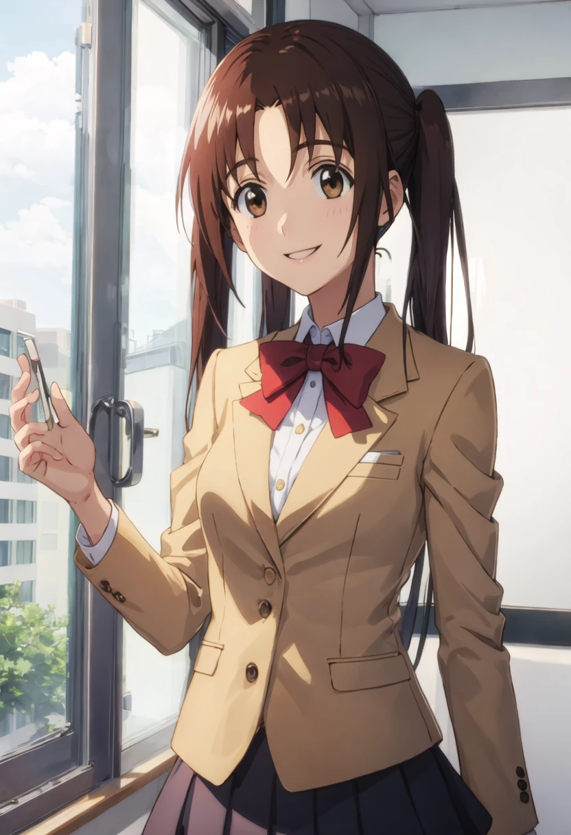 best quality, masterpiece, highres, solo, {tsuda_kotomi_seitokaiyakuindomo:0.90}, 1girl, bow, school_uniform, blazer, smile