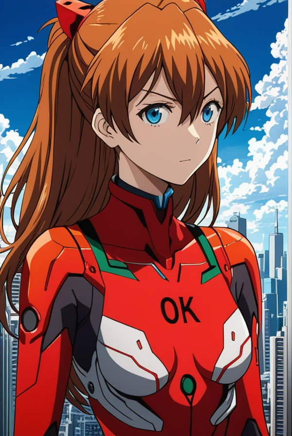 masterpiece, best quality, highres, 4k, 8k, intricate detail, cinematic lighting, amazing quality, amazing shading, soft lighting, Detailed Illustration, anime style,
asukalangley, <lora:asuka_langley_soryuu-sdxl-lora-nochekaiser:0.75>, 
asuka langley soryu, long hair, bangs, blue eyes, brown hair, hair ornament, bodysuit, pilot suit, plugsuit, red bodysuit, interface headset, 
outdoors, city, cityscape, sky, sun, clouds, 
looking at viewer, cowboy shot,