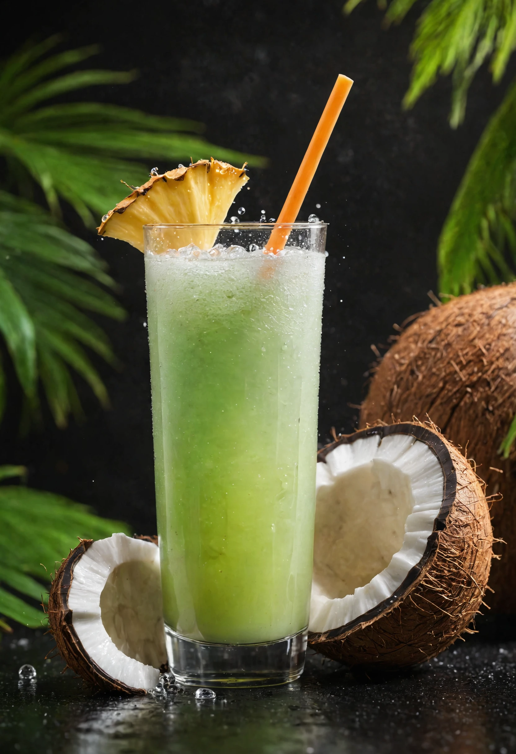 refreshing, vibrant glowing coconut juice drink,dew drops,refreshing , in the style of a product hero shot in motion, dynamic magazine ad image, photorealism, sleep and mystical elements around the background