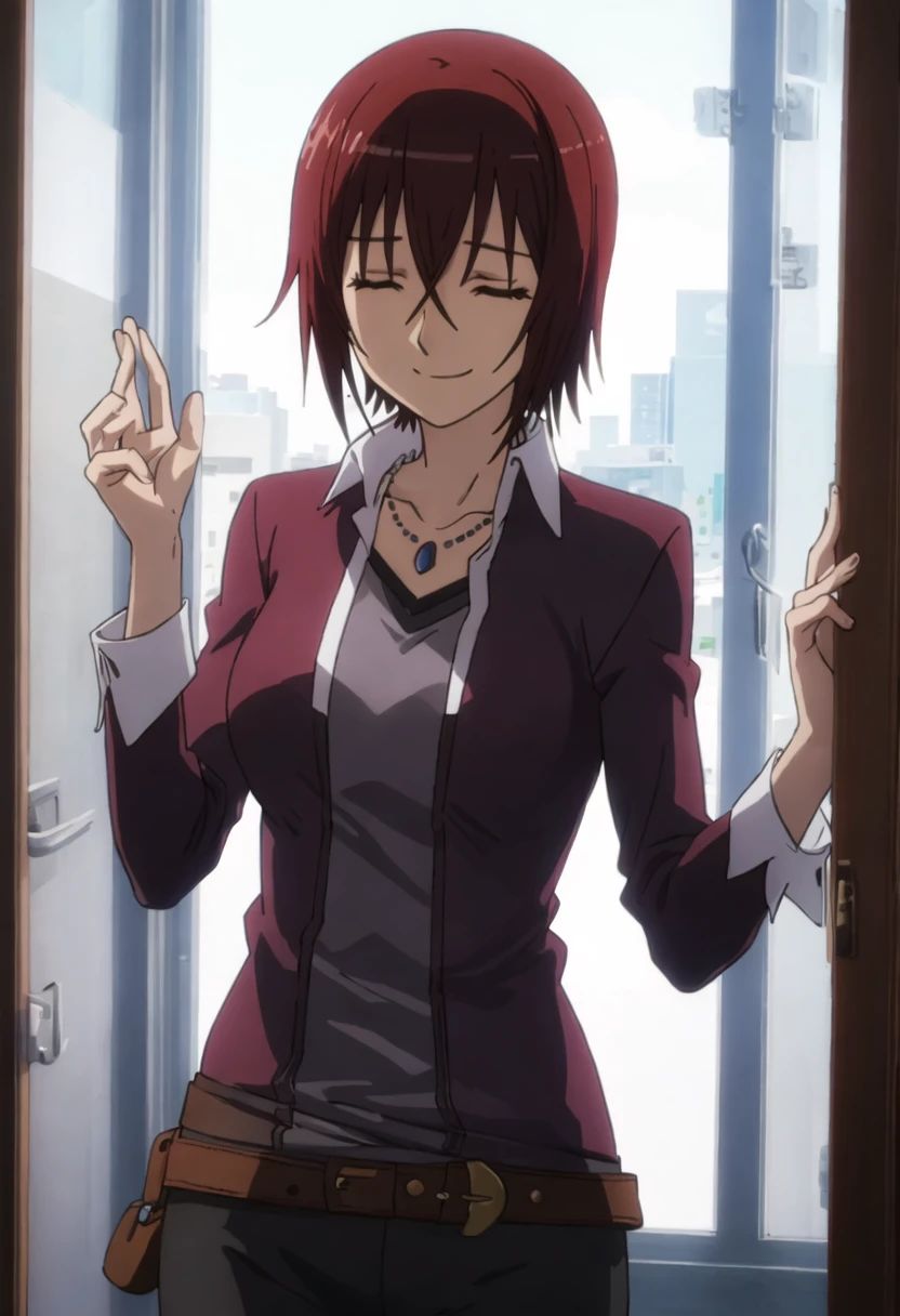 best quality, masterpiece, highres, solo, {yokoshima_naruko_seitokaiyakuindomo:0.90}, 1girl, necklace, smile, closed_eyes