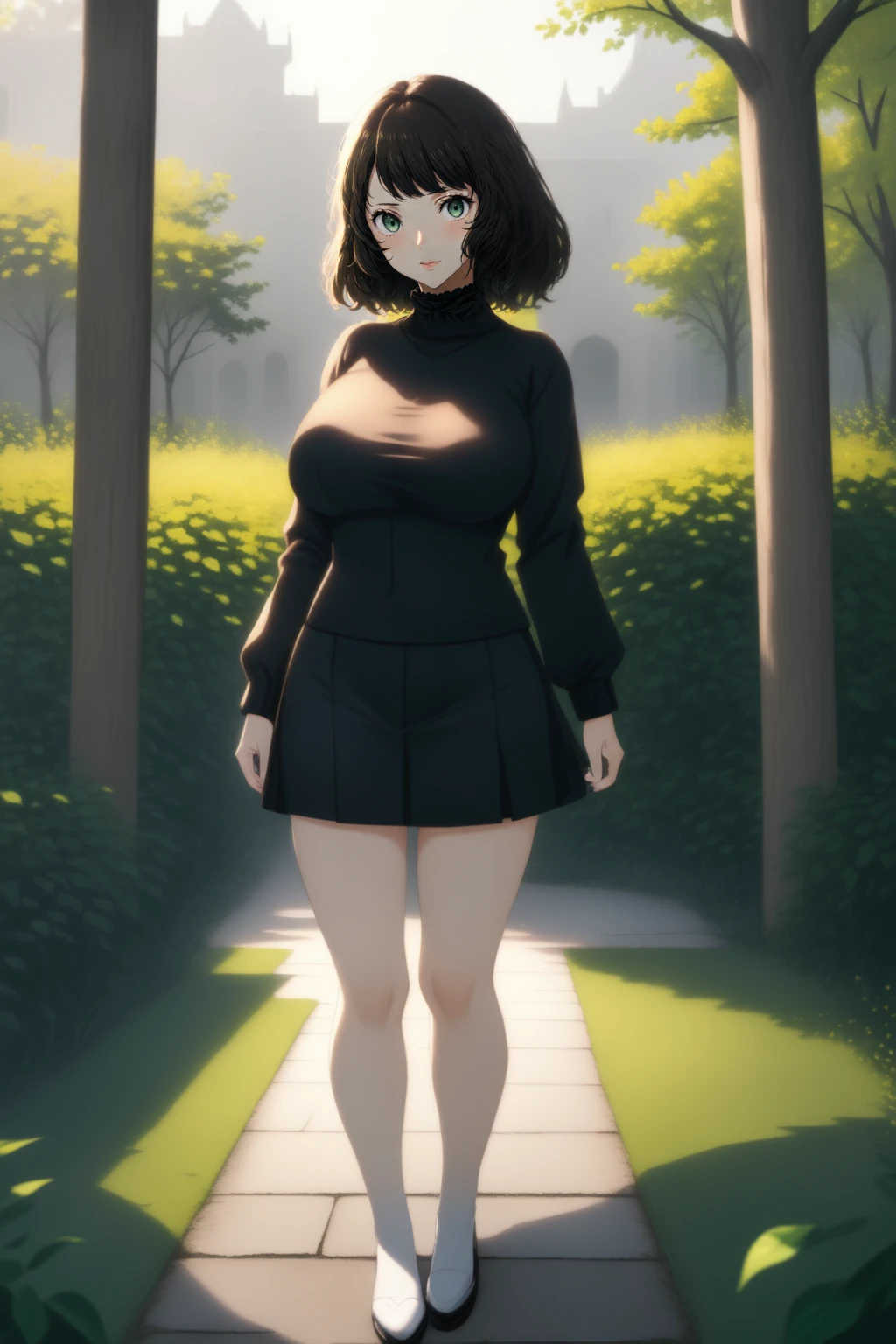 Kawakami Sadayo in a garden, wearing a long sleeve turtleneck sweater, short skirt, short messy hair, medium breasts
BREAK (HDR, raytracing, highest quality:1.3) <lora:Double_double:1>
