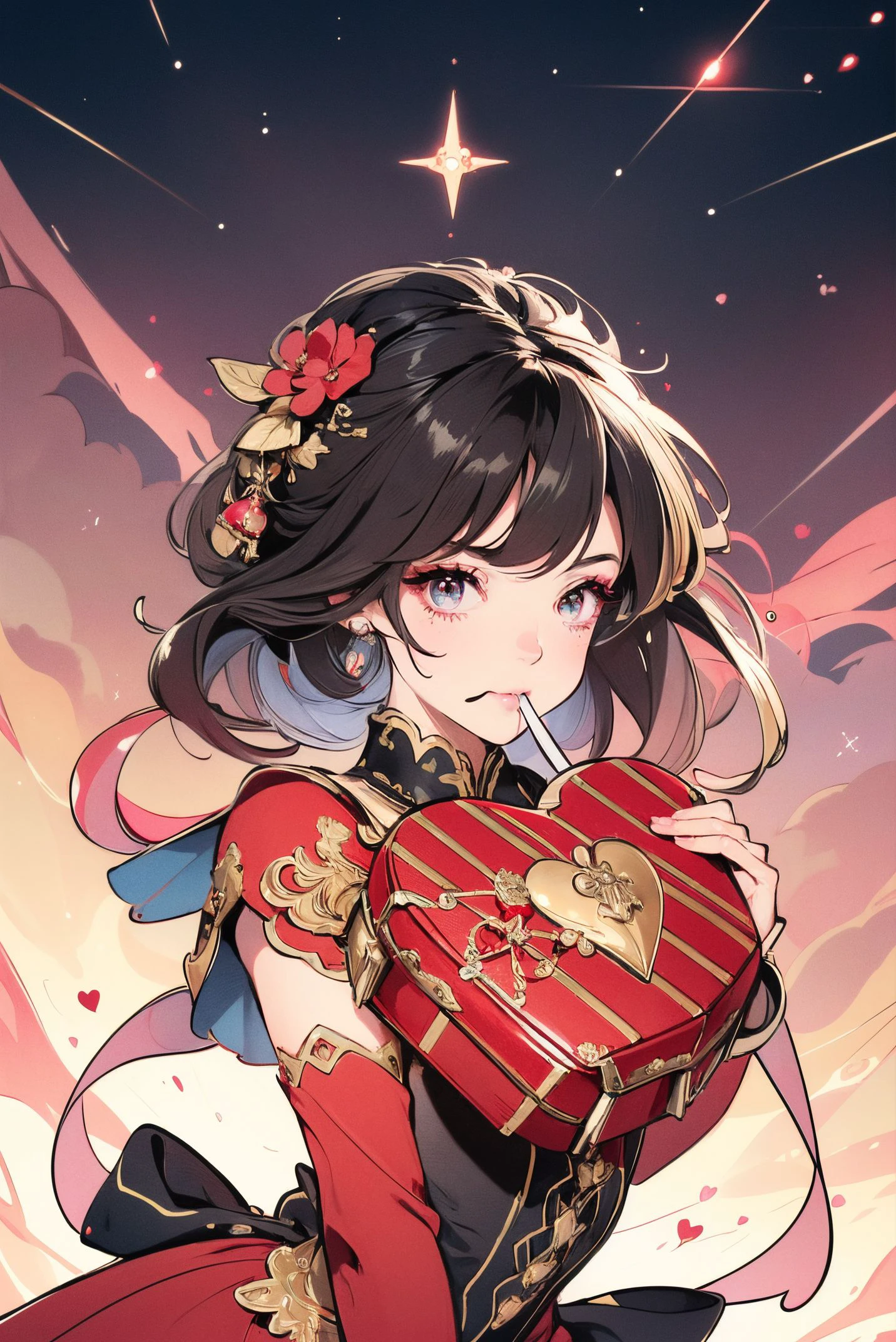 anthropomorphic heart-shaped valentine's day box with eyes and mouth and shaped female body,glitter,astral prism,post apoc,cinematic,8K,best quality,full sharp,highly detailed,extreme quality,