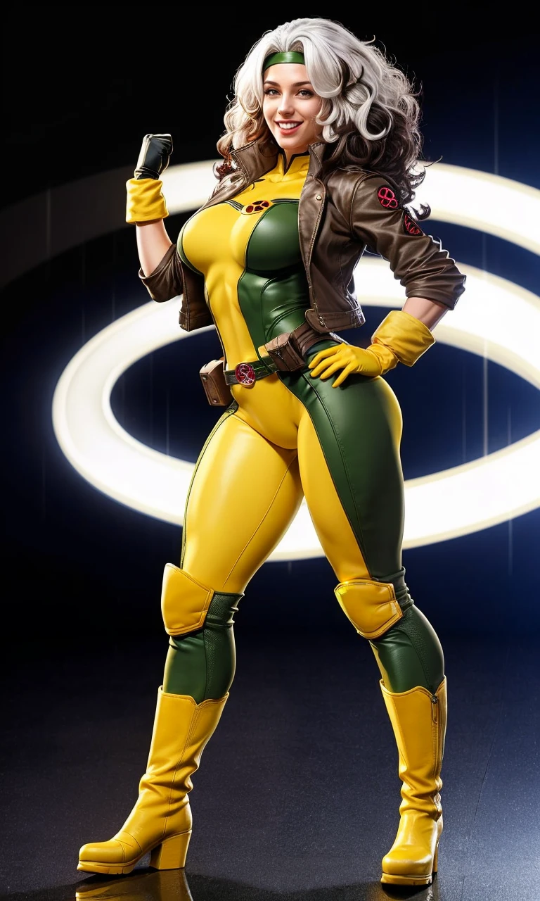 (aletta ocean face:1.2), (curly hair), ((masterpiece)),(((best quality))),((character design)), ((rogue)), x-men superhero, (perfect anatomy), ((full body view)) mature face, (brown and white hair),((spandex:1.4)), (((biker jacket))), defined cheekbones, high cheekbones, illustration, muscular, sexy bimbo, (gigantic breasts:1.7) white hair bangs, ((detailed face:1.4)) ((official artwork)), clean lineart, beautiful woman, (Caucasian:1.4) (white skin:1.4) , (red lipstick:1.4), shiny skin, (puffy lips:1.4) , pose, 8k,16k, (simple background, white background: 1.3) ((cool color palette)), ((cyberpunk aesthetic))