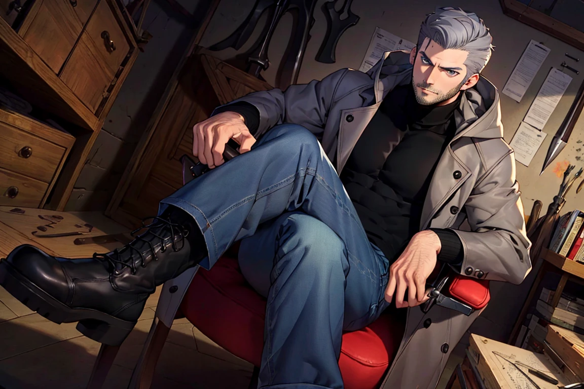 (1 image only), solo male, Munehisa Iwai, Persona, Asian, Japanese, Weapons Dealer, grey hair, short hair, stubble, grey eyes, sideburns, black turtleneck sweater, long gray coat, open coat, coat hood down, simple blue jeans, black leather boots, mature, masculine, handsome, charming, alluring, lying on chair, (foot on desk, cross legs), pov, perfect anatomy, perfect proportions, (best quality, masterpiece), (perfect eyes), high_resolution, dutch angle, [cowboy shot], weapon workshop,<lora:EMS-305082-EMS:0.700000>