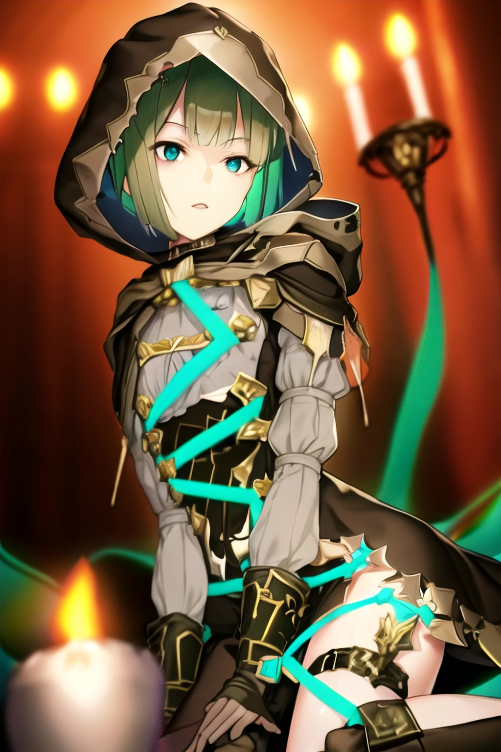 <lora:gretel:1>,gretel , sinoalice, teal eyes, short hair, bob hair, brown dress, glowing teal ribbon, brownt hood, brown boots, looking at viewer,((lying on a ground)), at candlelight cathedral, full body, depth of field, dynamic angle, dynamic light,best quality ,masterpiece, high resolution, detailed