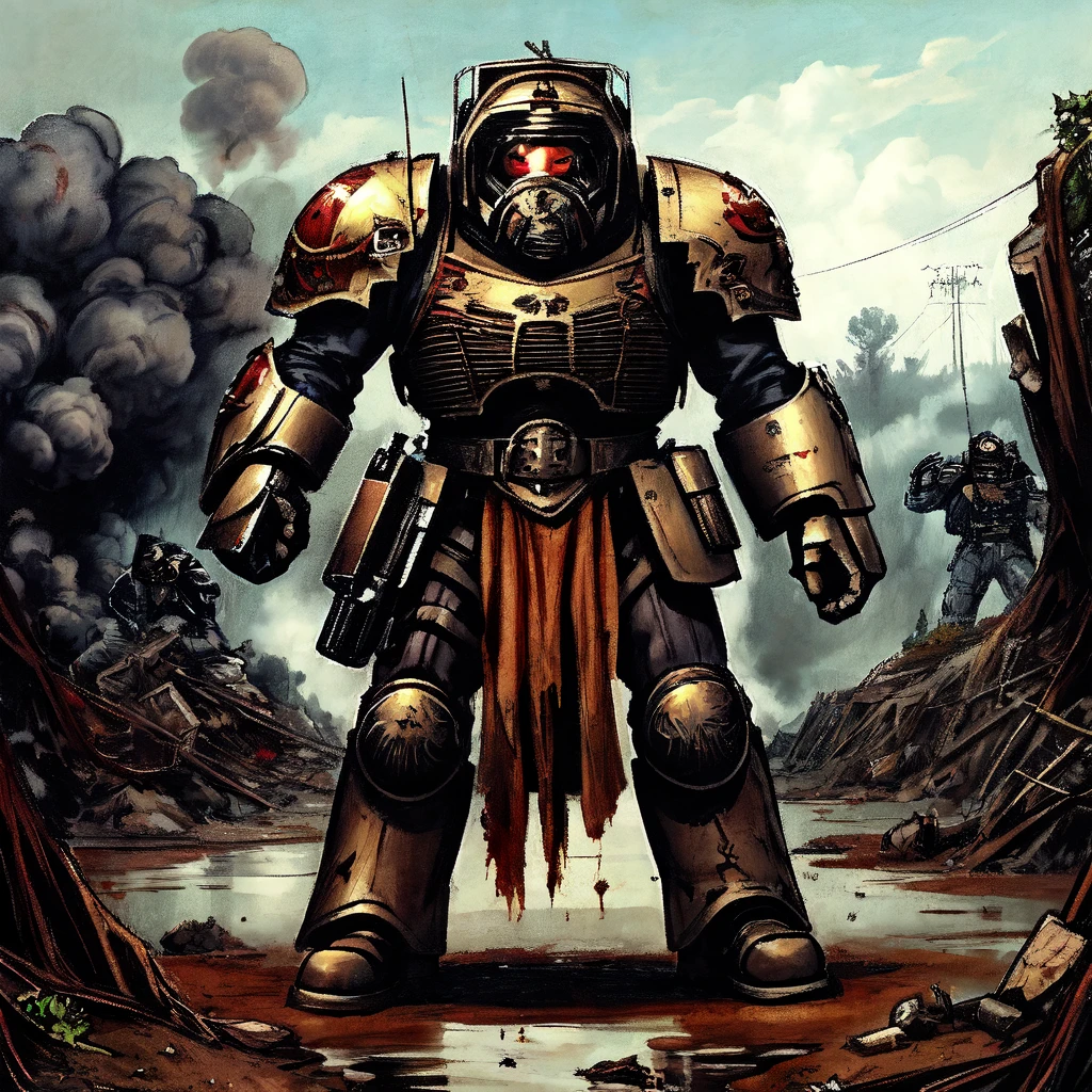 trmntr, solo, armor, gun, full body, helmet, red eyes, looking at viewer, pulp_comic, heavy_lines, hand_drawn, hand_inked, hand_colored, perfect_face, battlefield, mud, smoke, craters, trenches, bunkers, jungle, soldiers,