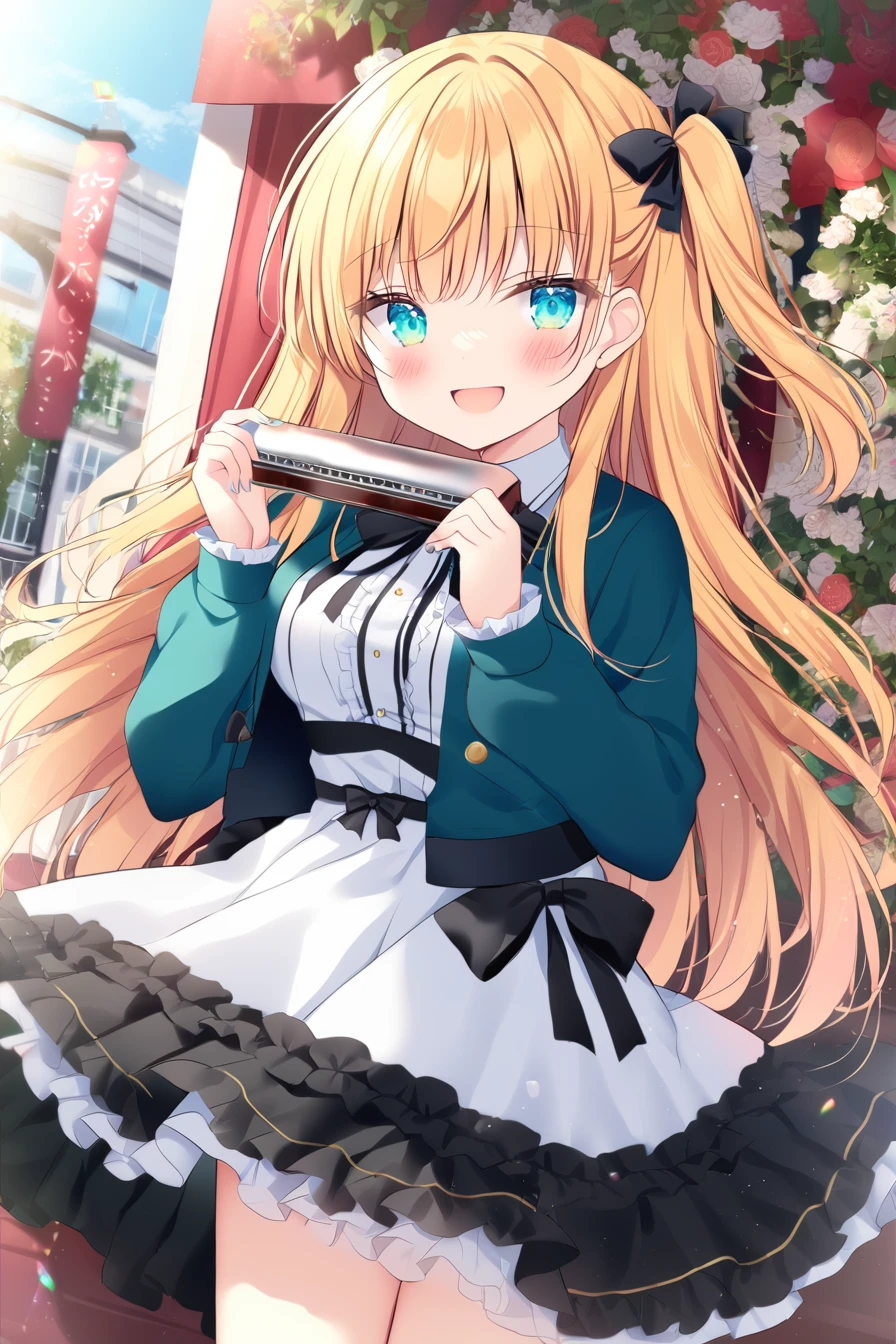 blue archive style,shikitani_asuka,ray tracing,1girl,blonde hair,long hair,one side up,blue eyes,frilled dress,light smile,open mouth,medium breasts,harmonica,holding harmonica, <lora:harmonica:0.8>
