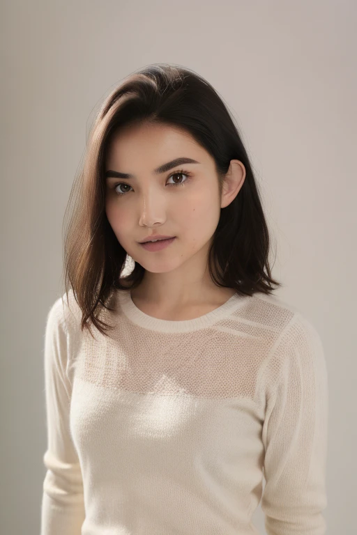 mariaz, 1girl,solo, wavy hair, upperbody, looking at viewer, knitted shirt, portrait, simple background, standing  <lora:maria512:1>