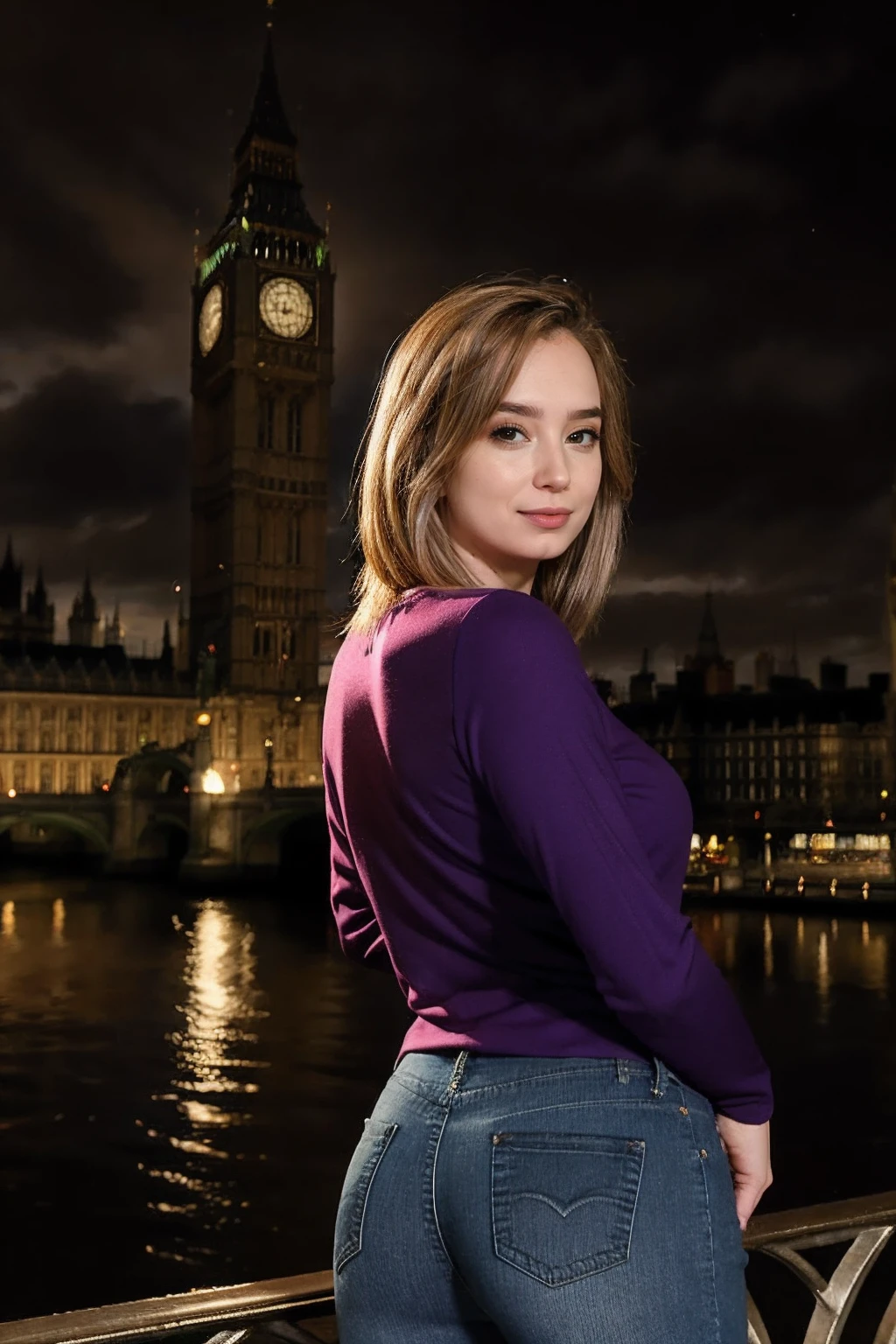 lexilore <lora:lexilore:1>,a woman wearing Long-sleeve shirt and jeans, london, The grandeur of the Houses of Parliament and Big Ben, especially stunning at dusk, (soft diffused lighting:0.5)