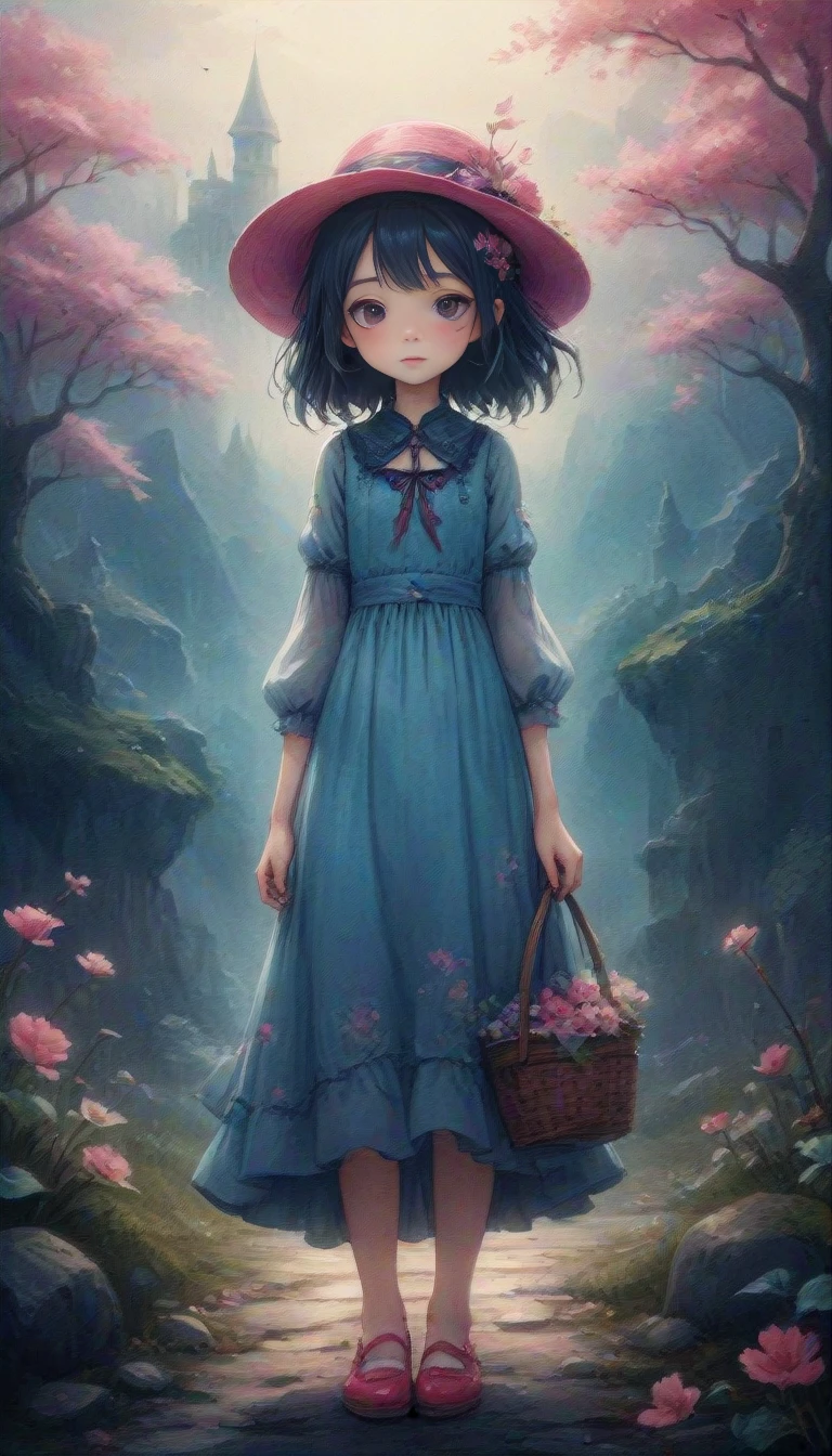 A cute girl with a basket of flowers in a blue dress, pink hat and red shoes, in the style of a Gothic illustration, whimsical landscapes, high detail, children's storybook style, well-drawn outlines in Japanese ink, muted colors, watercolor style, children's watercolor undertones, transparent, cold and sad, cute, fantasy, dreamy, vector illustration, 2d flat, centered, by Tim Burton, professional, sleek, modern, minimalist, graphic, line art, vector graphics, kids stationary background