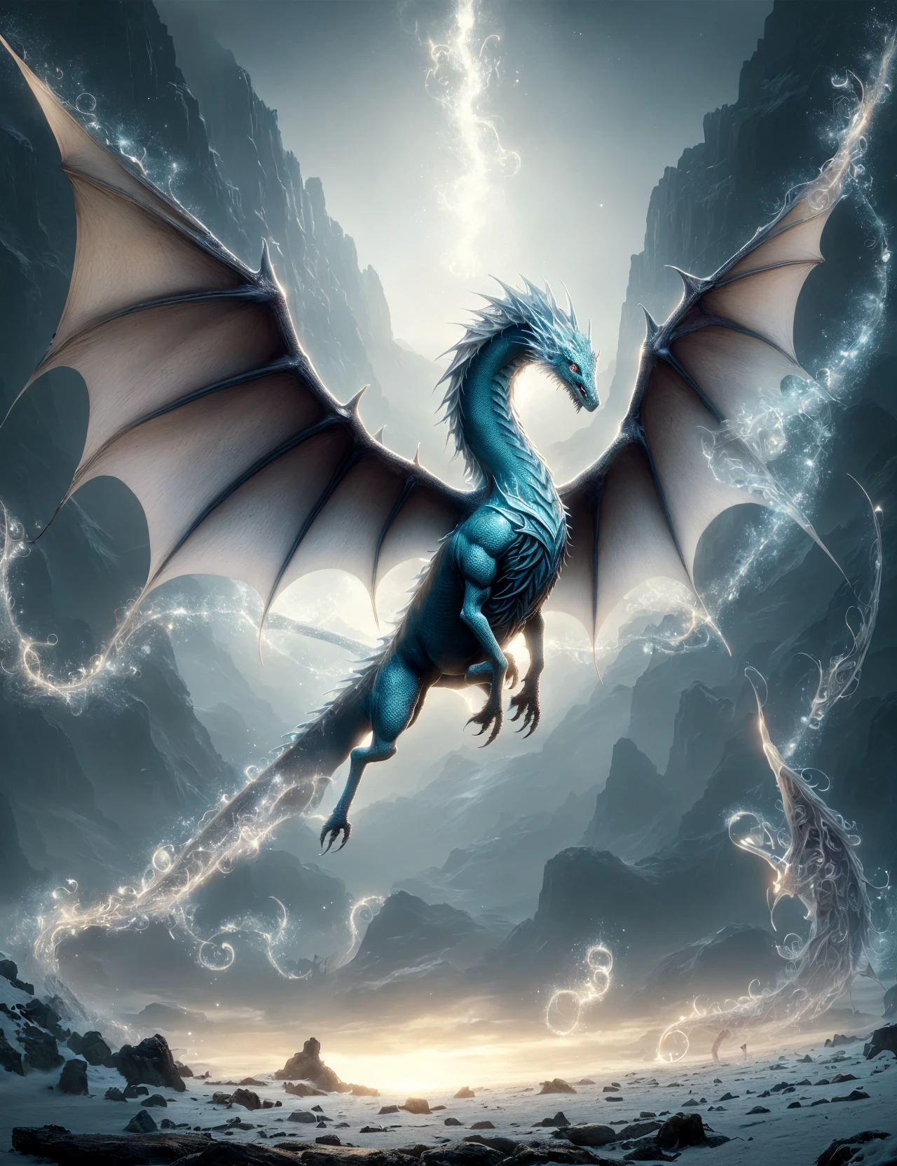 masterpiece, awesome quality, hyper detailed, DonM3lv3nM4g1c swirling elven magic, a ephemeral polar shadow slender  Brachydios wyvern,  beard,  mismatched muscular legs,   sextet of scaled wings,  ,  <lora:DonM3lv3nM4g1c-000005:0.7>
