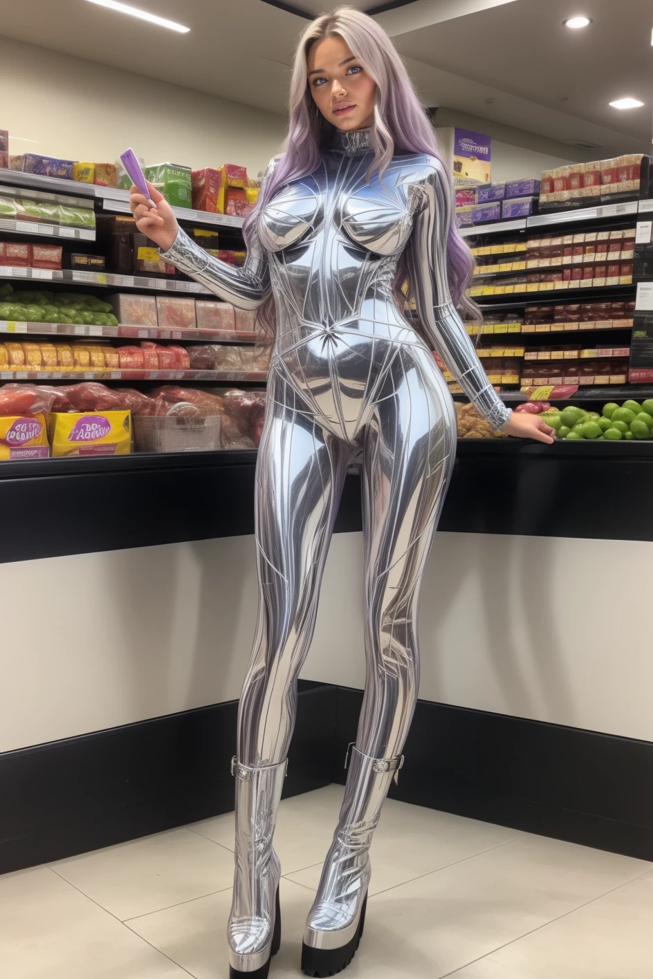 full body, woman, adult, large breasts, teased purple long wavy hairstyle, js_2, metallic chrome full bodysuit, shiny, boots, <lora:js_2-14:0.6>, grocery shopping
