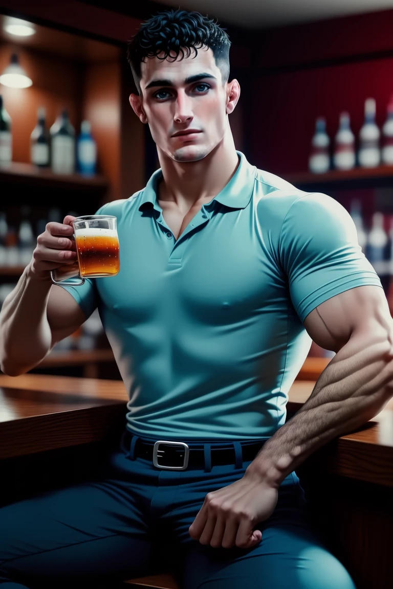 (masterpiece, best quality:1.2), man, (depth of field:1.1), photo of person, polo shirt, muscular, =, pants, at the pub, holding a beer,,sitting, cowboy shot, masterpiece, highness, perfect face, perfect picture, detailed eyes, sharp focus,High detailed view,<lora:EMS-293331-EMS:0.950000>,<lora:EMS-3262-EMS:0.400000>