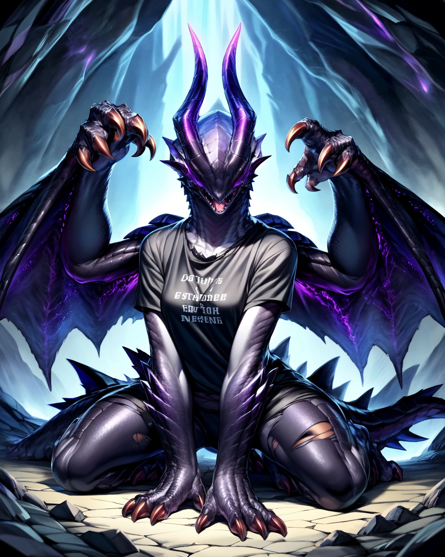 <lora:MH_GoreMagala_a2_7_VPred>,<lora:fluffyrock-quality-tags-v4:0.5>,
(best quality, good quality),anthro,female,goremagala,solo,hi res,
detailed background,by kame 3,by crayon \(artist\),
three-quarter view,cave,open mouth,hands on ground,extra arms,glowing wings,glowing horns,t-shirt,torn clothing,no eyes,