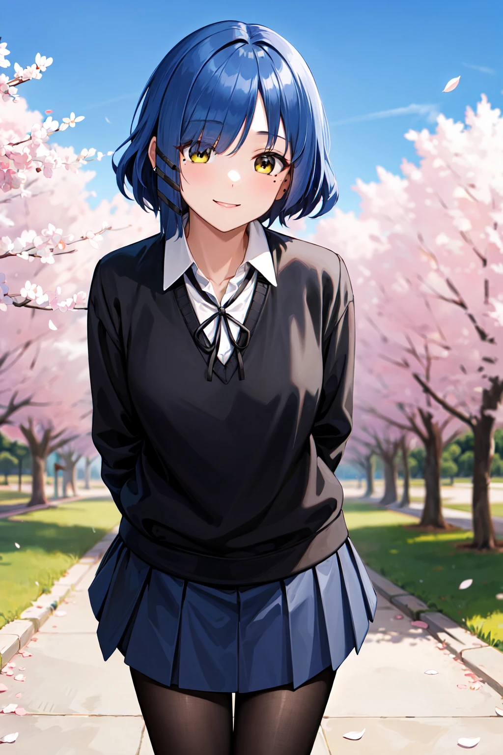 masterpiece, best quality, highres, aaryo, short hair, hair ornament, mole under eye, neck ribbon, (black sweater:1.2), long sleeves, pleated skirt, blue skirt, black pantyhose, <lora:yamada_ryo_v1:0.7>, standing, leaning forward, arms behind back, outdoors, cherry blossoms, petals, smile