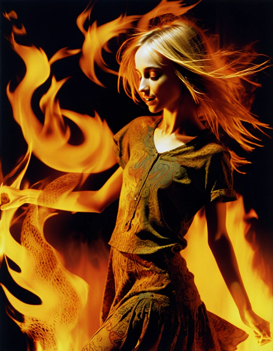 a radiant photograph by dave mckean of a bohemian girl looking like gabixl11 dancing engulfed by flames