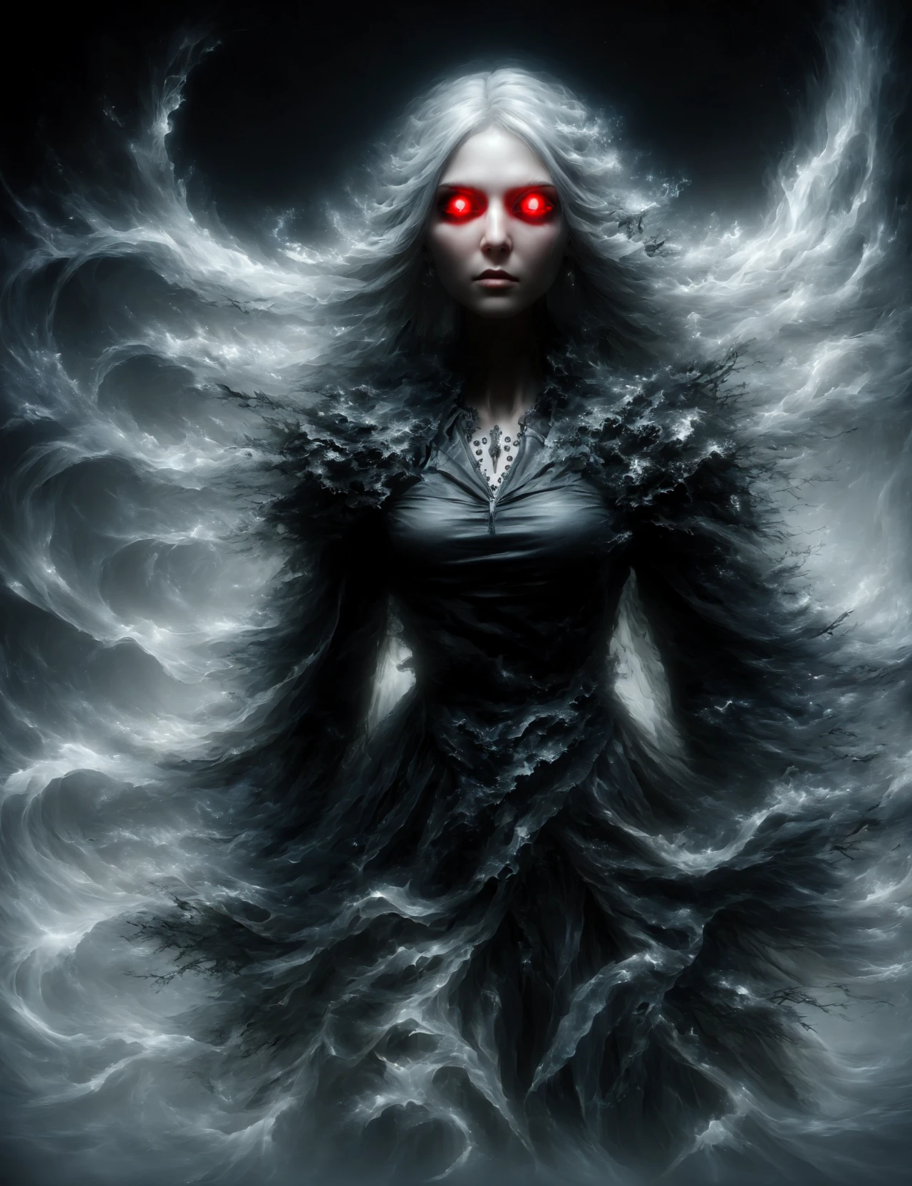 Let it be human, with medium long hair, that half of the hair is white and the other half is black, that has red eyes and his clothes are completely dark black.