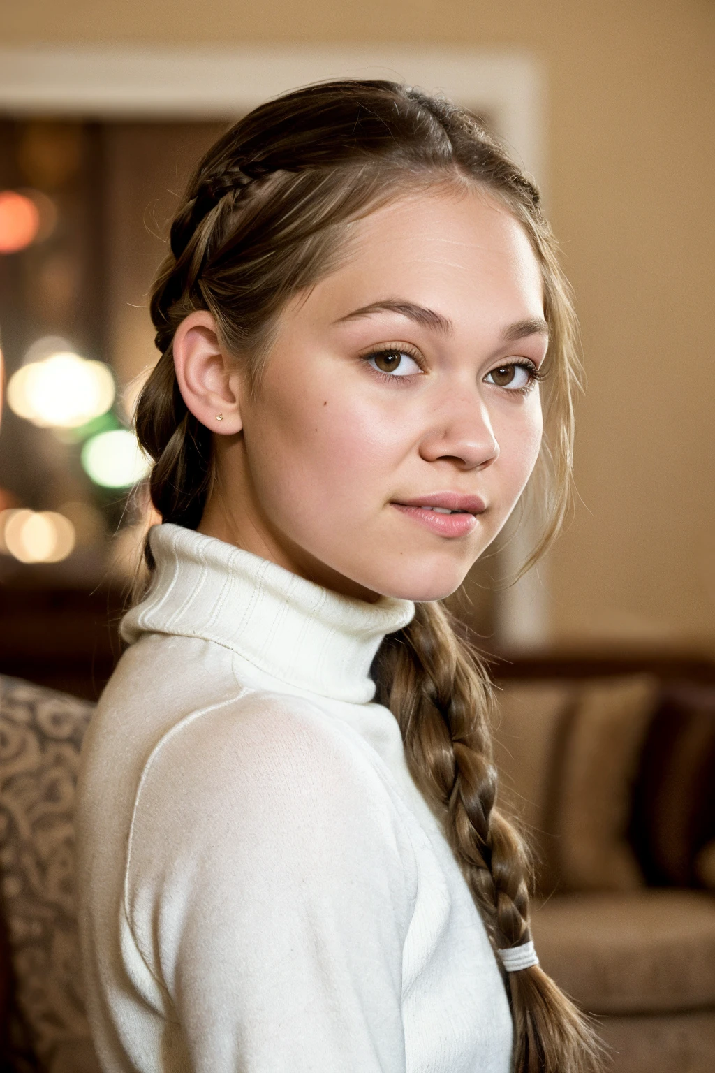 portrait of (CTI_burglund:0.99), a gorgeous young woman, in a (townhouse), wearing a (turtleneck:1.1), (braid), shallow depth of field, vignette, high budget Hollywood film, bokeh, cinemascope, epic, gorgeous, film grain