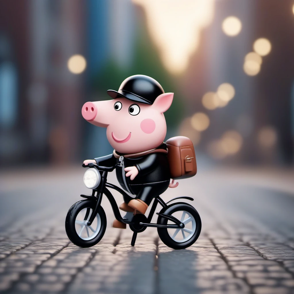 cinematic photo a cartoon pig riding a bicycle, black leather jacket, boots <lora:Peppa1024:0.8> . 35mm photograph, film, bokeh, professional, 4k, highly detailed