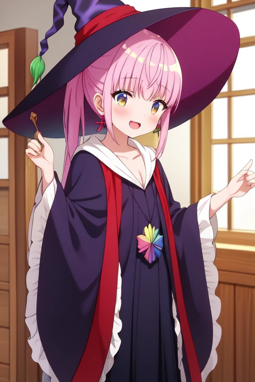 kazairokotone, 1girl, solo, blush, ponytail, jewelry, open mouth, collarbone, witch hat, smile