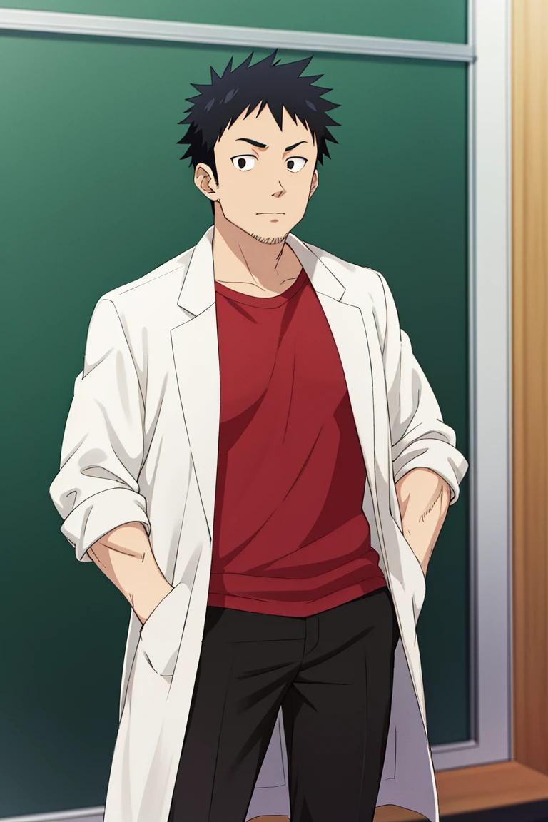 (1 image only), solo male, Tetsuo Takahashi, Demi-chan wa Kataritai, anime, 2d, flat, Asian ,Japanese, biology teacher, tall, black hair, short hair, stubble, black eyes, sideburns, red t-shirt, white labcoat, sleeves rolled up, black pants, black shoes, mature, handsome, charming, alluring, standing, hands in pockets, upper body, perfect anatomy, perfect proportions, best quality, masterpiece high_resolution, dutch angle, cowboy shot, school lab,Tetsuo Takahashi,<lora:EMS-305836-EMS:0.600000>