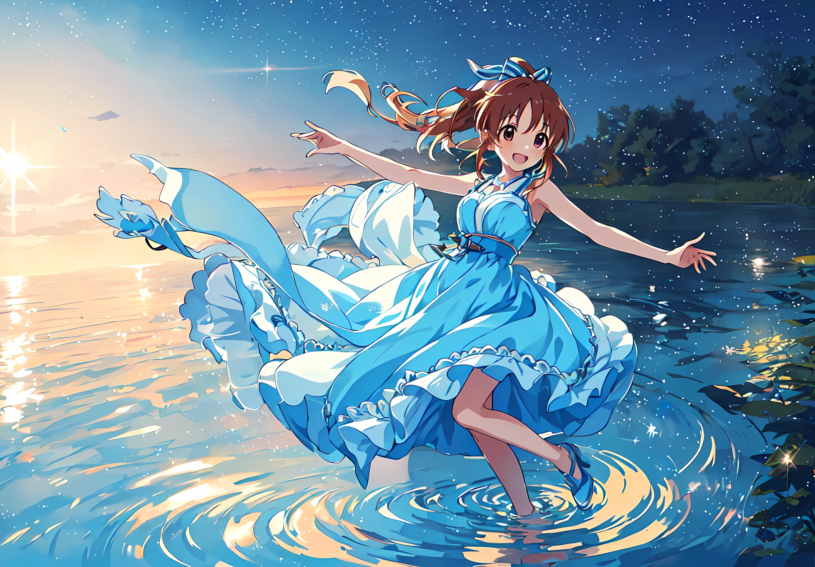 <lora:abe_v2:0.8>,abe nana,1girl,super fine illustration,masterpiece,best quality,dance on the water,light blue dress,moonlight,strong rim light,light reflection on the surface,many ripples,silhouette,:d,