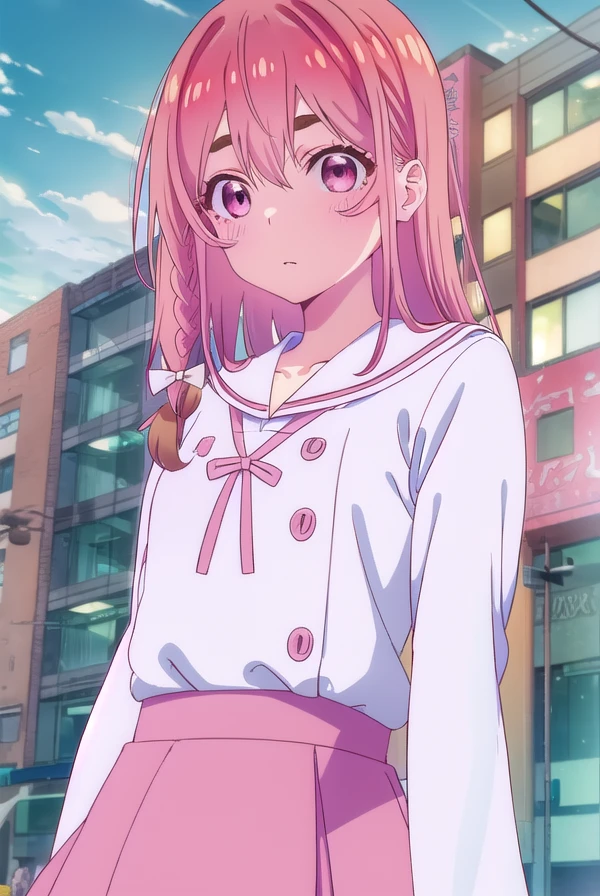sumisakurasawa, <lora:sumi sakurasawa s1-lora-nochekaiser:1>,
sumi sakurasawa, bangs, (pink eyes:1.3), hair between eyes, pink hair, braid, hair bow, thick eyebrows,
BREAK skirt, shirt, long sleeves, bow, ribbon, school uniform, white shirt, serafuku, sailor collar, red ribbon, neck ribbon, red skirt, white sailor collar,
BREAK outdoors, cityscape, buildings, crowd, people,
BREAK looking at viewer, (cowboy shot:1.5),
BREAK <lyco:GoodHands-beta2:1>, (masterpiece:1.2), best quality, high resolution, unity 8k wallpaper, (illustration:0.8), (beautiful detailed eyes:1.6), extremely detailed face, perfect lighting, extremely detailed CG, (perfect hands, perfect anatomy),