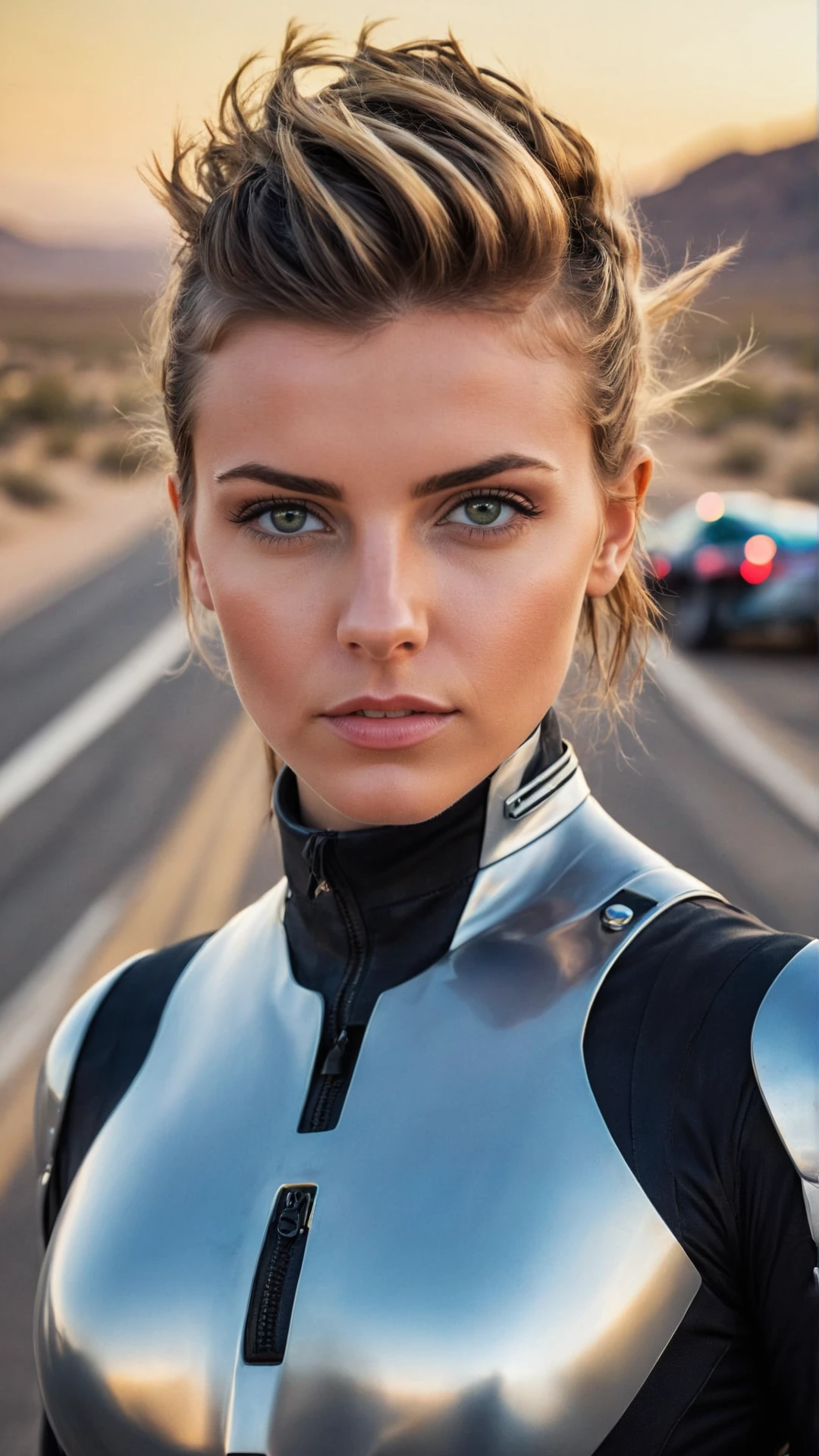 masterpiece RAW photo, macro, portraite poster, cyberpunk, a girl pilot, looking at viewer, casual plugsuit, bokeh, desert road in background, atompunk style, concept art, realistic, bold lines, elegant, clear and soft, sharp focus, sharpness, 35mm lens.
