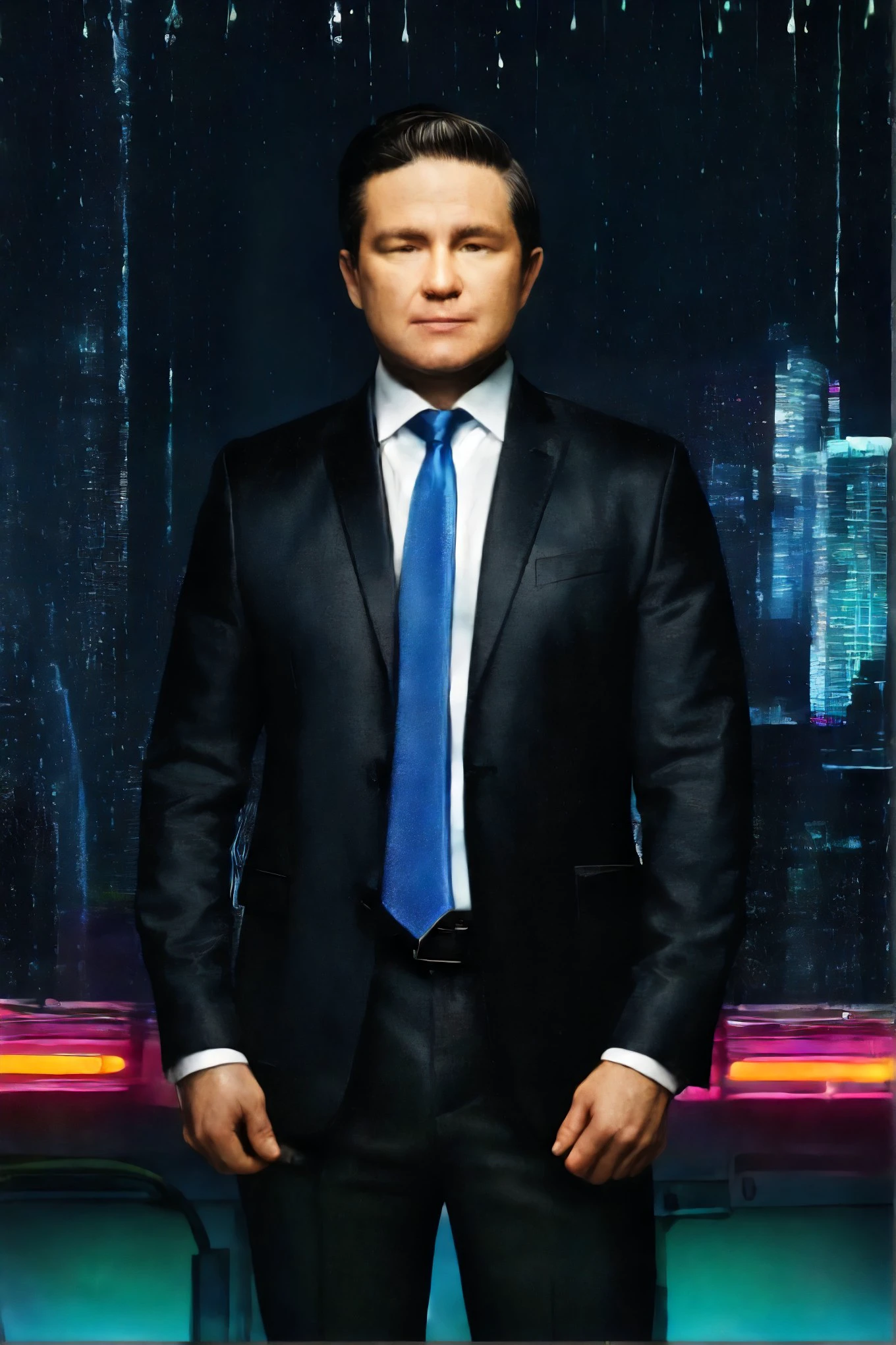 Pierre Poilievre, male focus, black hair, shirt, realistic, formal, suit, collared shirt, white shirt, jacket
Futuristic cityscape and neon lights and rain,
best quality, masterpiece, HDR, professional, studio quality, highres,
<lora:Pierre_Poilievre:1>