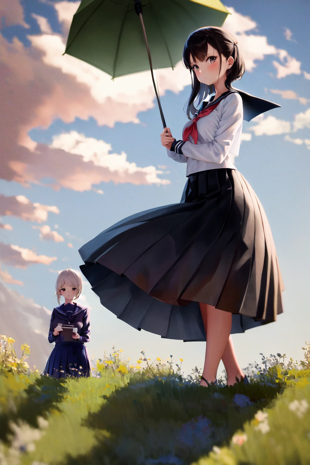 masterpiece, best quality, highres, woman with a parasol holding umbrella, 2girls, serafuku, school uniform, pleated skirt
<lora:woman_with_a_parasol_parody:1>