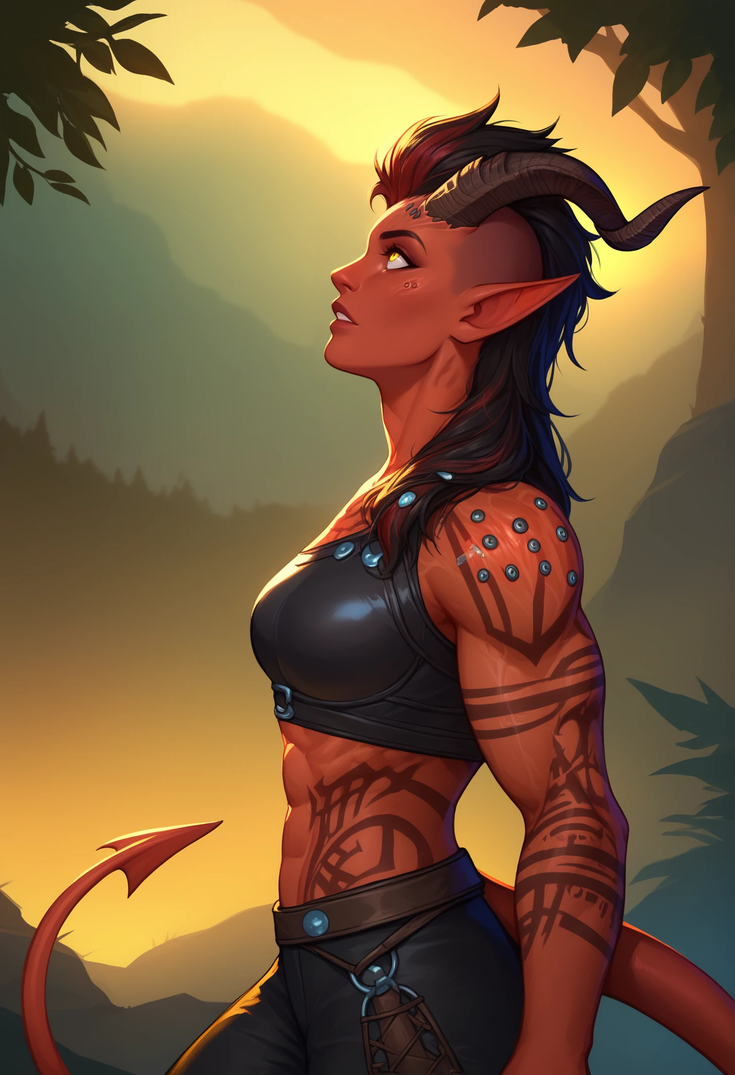 score_9, score_8_up, score_7_up, 1girl, solo, KarlachBG3, colored skin, demon girl, tail, yellow eyes, tattoo, <lora:KarlachBG3PDXL_V1-Manityro-adamw:1.0>, outdoors, dark fantasy, dark theme, forest, dark, night, starry sky, looking up, parted lips, toned, abs, crop top, black pants, torn pants, leather armor, armor, straps, from side, profile