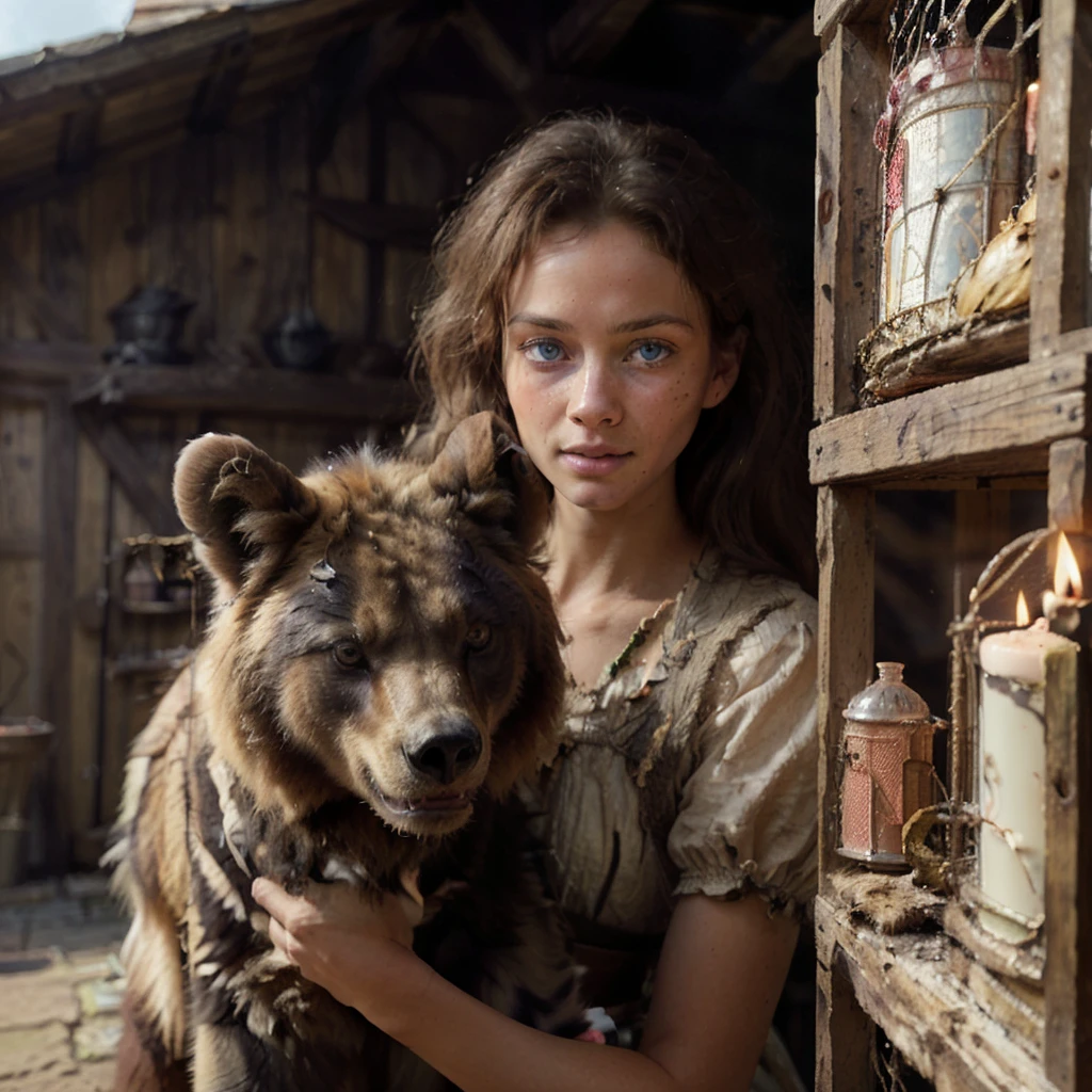 

detailed photograph of 30 year old, animal-trainer with a pet lion bear.
wearing peasant clothes.
messy hair,
blue eyes.

in a medieval pet shop, cages, rope, candles, animals,


realistic:1.1, depth of field

32k uhd, 


natural light,
(god rays):1.1,
sunny day,





