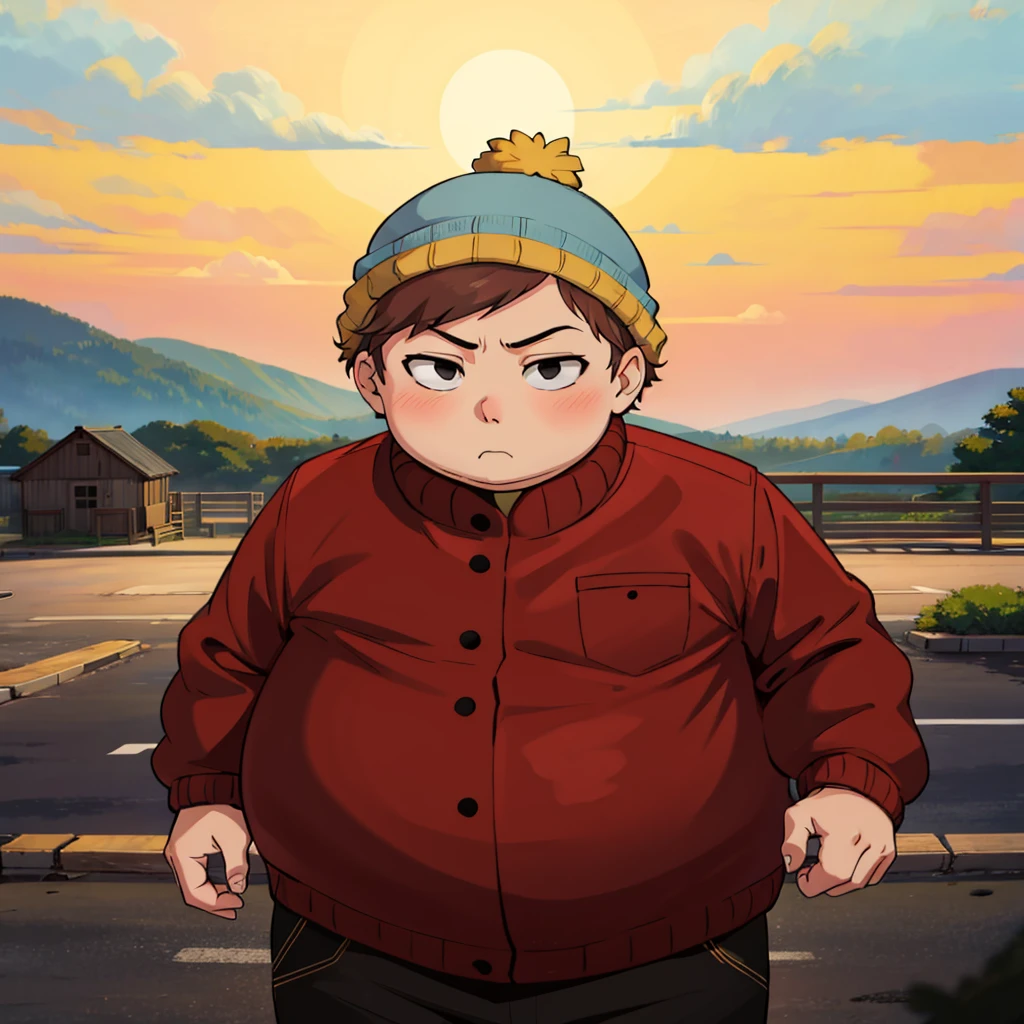 1boy, solo,   Eric Cartman,  short hair,  brown hair, hat,  black eyes, closed jacket,  red jacket, beanie, fat, child,   <lora:Eric_Cartman_Leaf1:0.8>, cowboy shot,