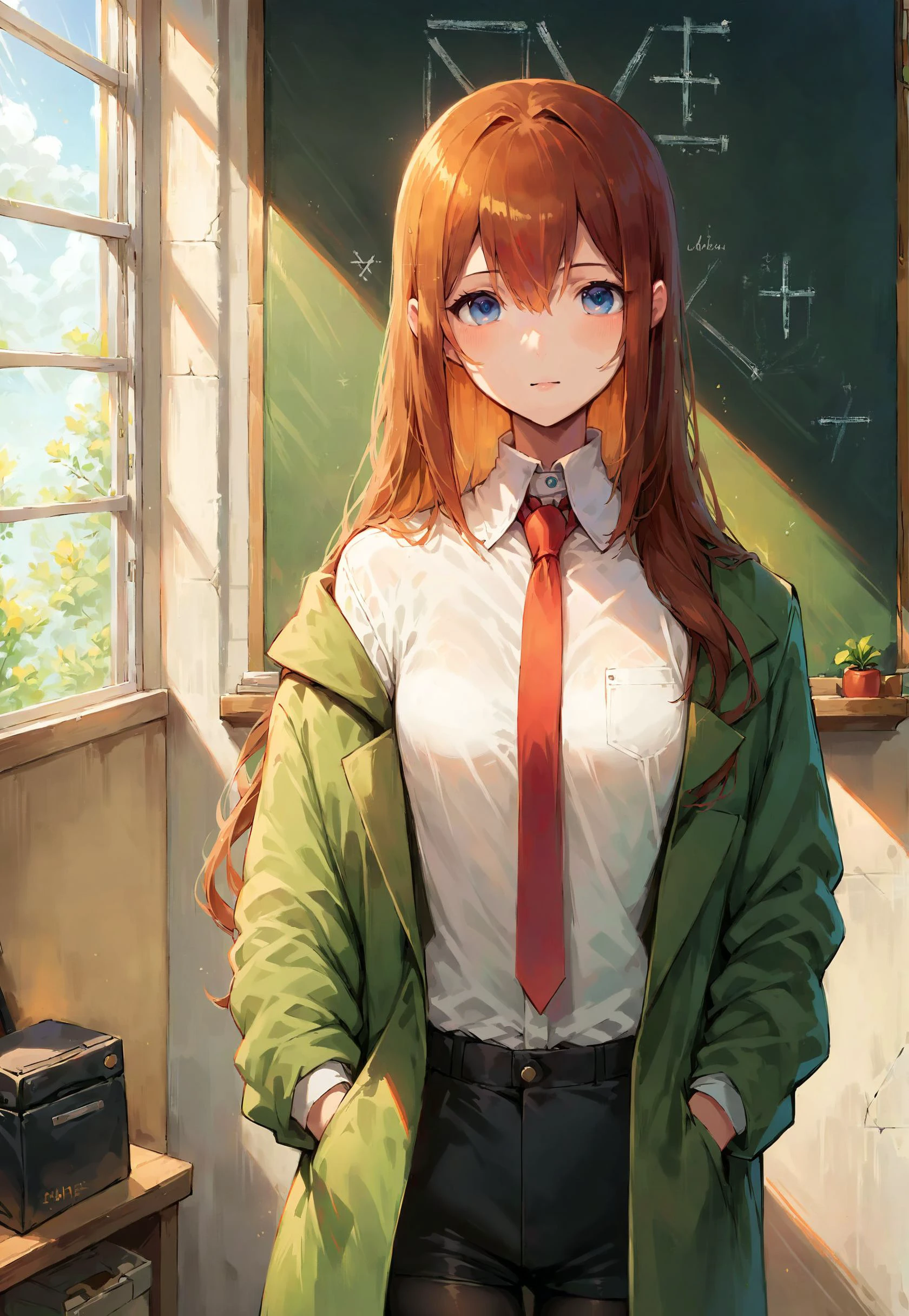 (score_9,score_8_up,score_7_up,score_6_up,score_5_up,score_4_up, source_anime, anime:1.2), Makise Kurisu, blue eyes, brown hair, red necktie, mature, medium breasts, detailed eyes, astonished , (green coat:1.3),(holding a presentation in a modern office , sunshine entering through the windows, blackboard:1.2), (crosses arms:1.1), looking at viewer, pov, solo.
detailed background, sunshine,
<lora:xl_more_art-full_v1:1.2>, <lora:add-detail-xl:0.9>, <lora:Makise_Kurisu_v10-000002:0.9>, <lora:aesthetic_anime_v1s:1.3>