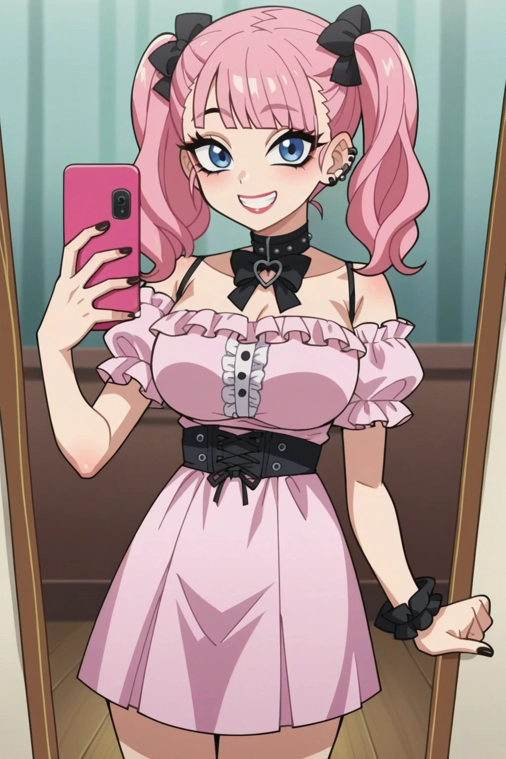 score_9, score_8_up, score_7_up, score_6_up, score_5_up, score_4_up, BREAK source_anime,anime screencap, rating_explicit,cowboy shot,1girl,solo,anime screencap,smile,big eyes,big breasts,
edgPastelGoth, a woman in a pink outfit taking a selfie ,wearing edgPastelGoth
<lora:edgPastelGothPonyv1:1>