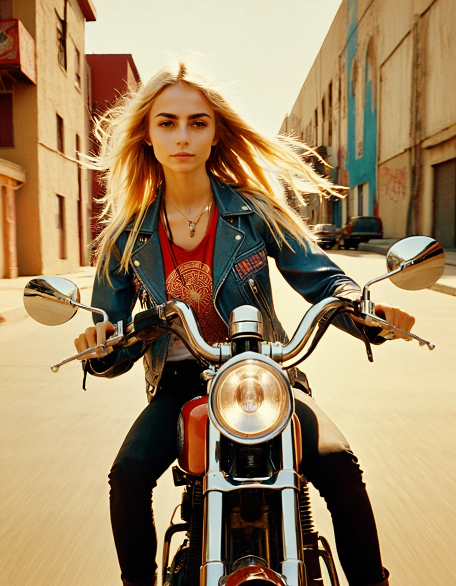 a radiant film still by Shepard Fairey of a bohemian girl looking like gabixl11 riding a motorbike